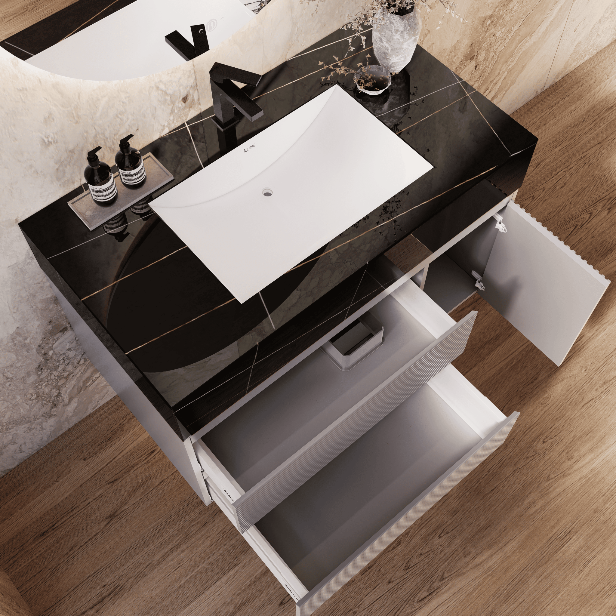 32", 40", 48" Light Grey Fluted Floating Vanity with Seamless Stone Sink - VanityBlack Marquina Gold Veins