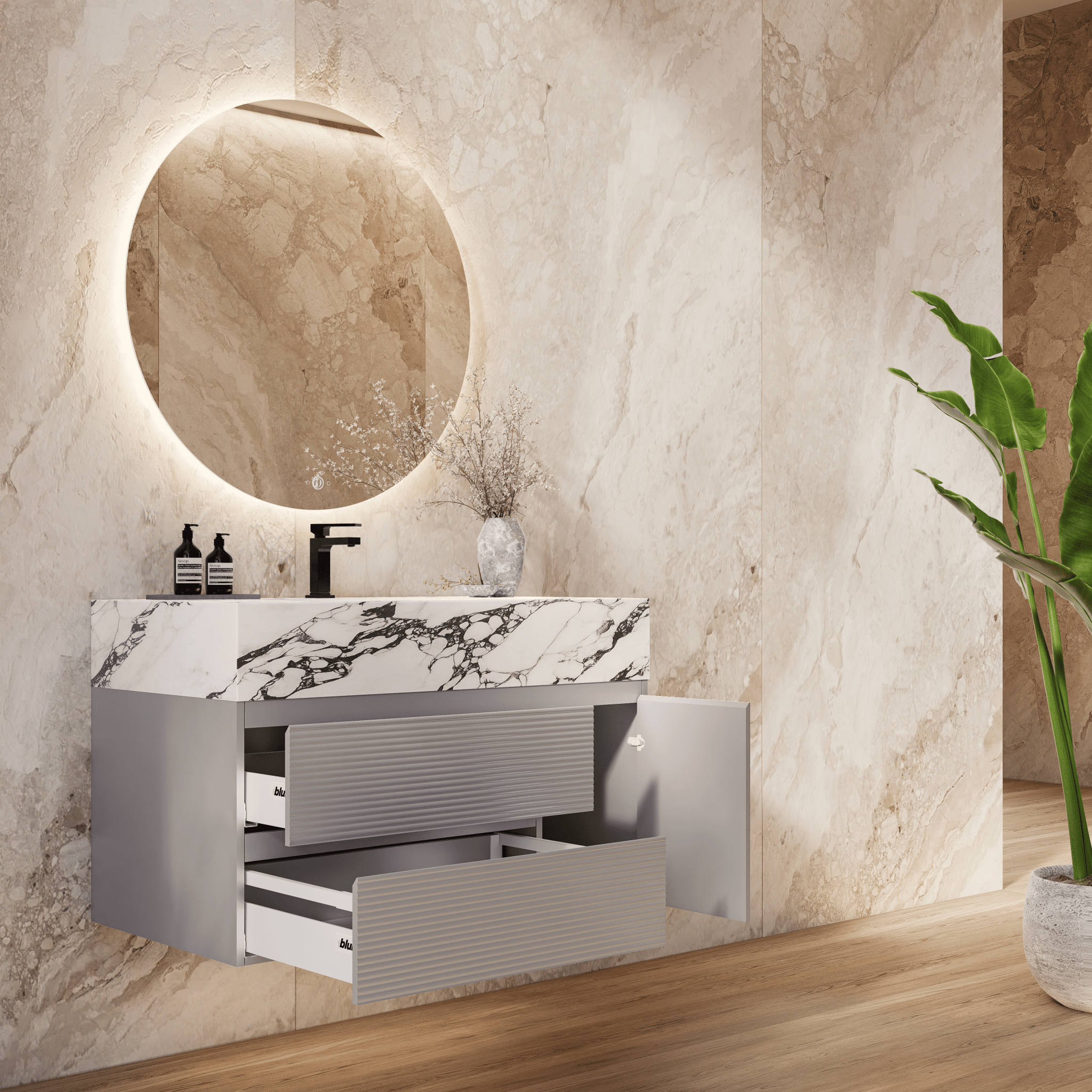 32", 40", 48" Light Grey Fluted Floating Vanity with Seamless Stone Sink - VanityCalacatta Black