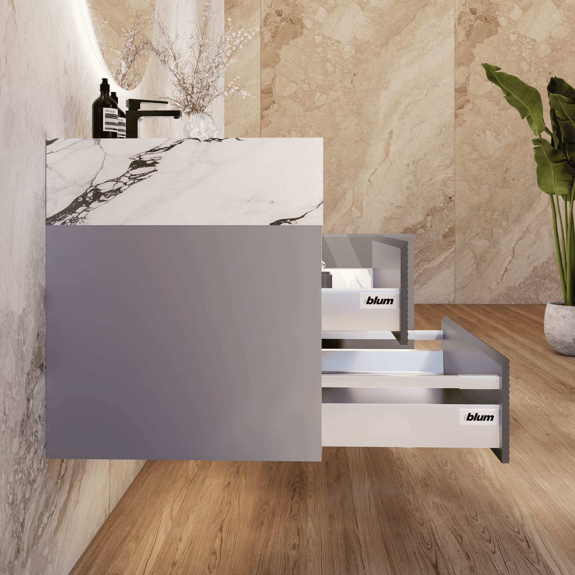 32", 40", 48" Light Grey Fluted Floating Vanity with Seamless Stone Sink - VanityCalacatta Black