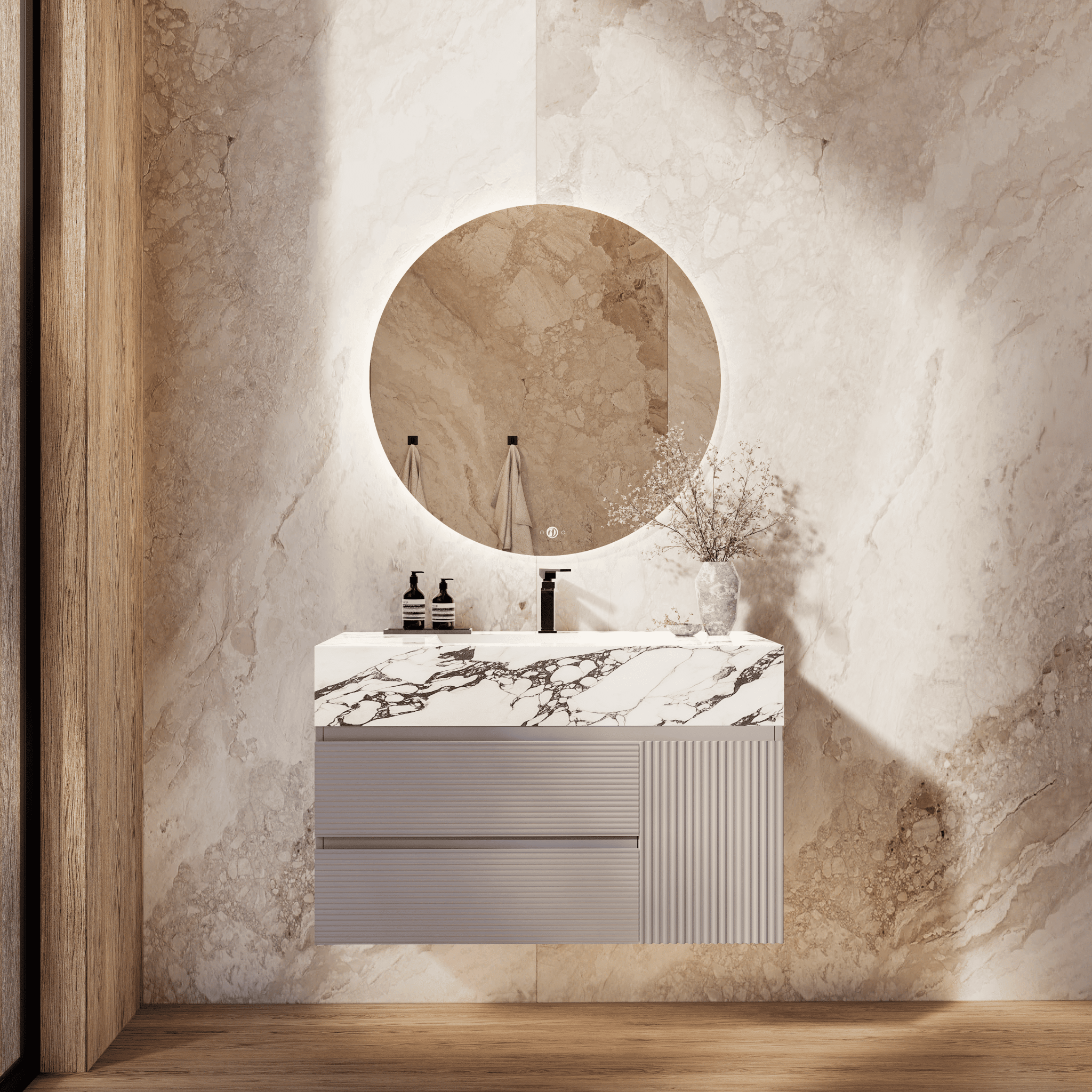 32", 40", 48" Light Grey Fluted Floating Vanity with Seamless Stone Sink - VanityCalacatta Black