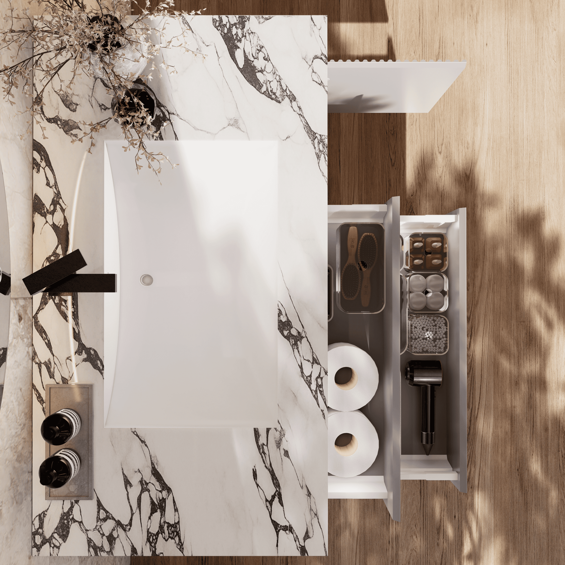 32", 40", 48" Light Grey Fluted Floating Vanity with Seamless Stone Sink - VanityCalacatta Black