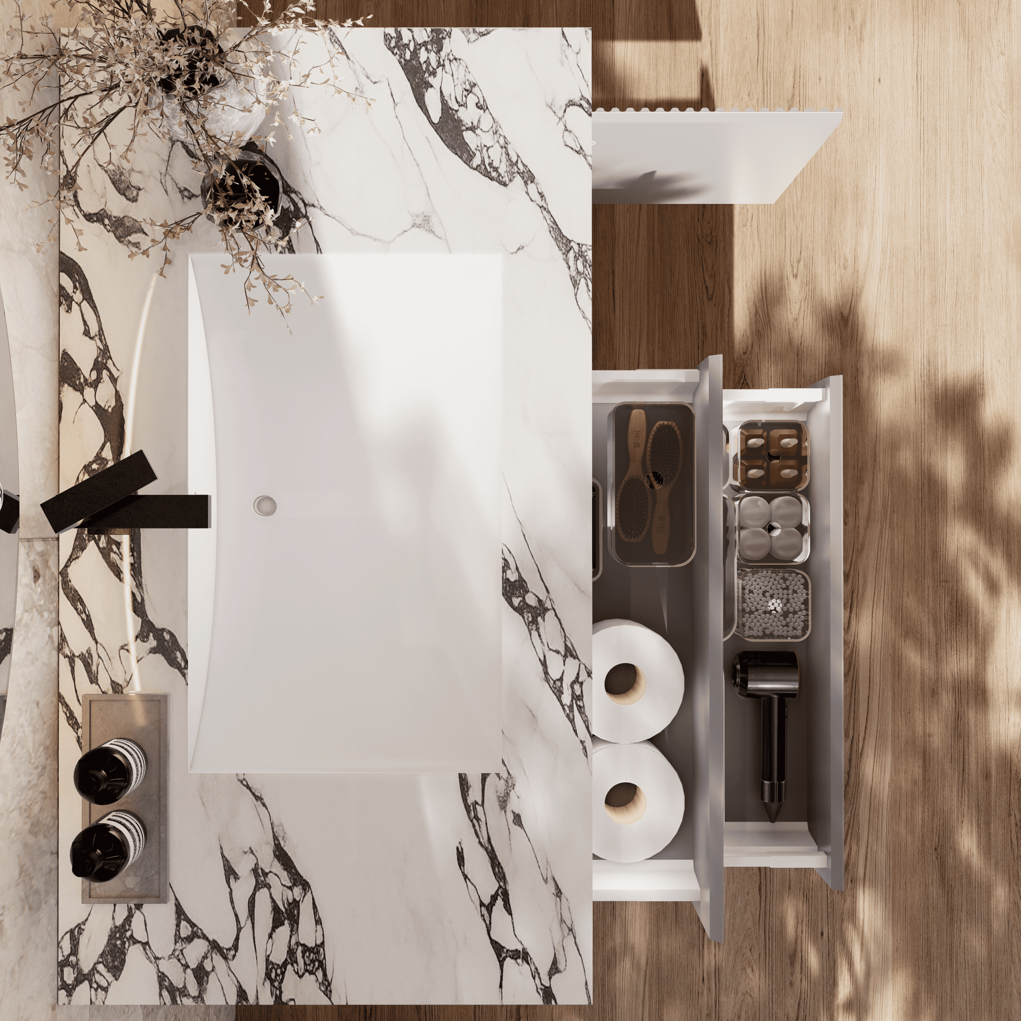 32", 40", 48" Light Grey Fluted Floating Vanity with Seamless Stone Sink - VanityCalacatta Black