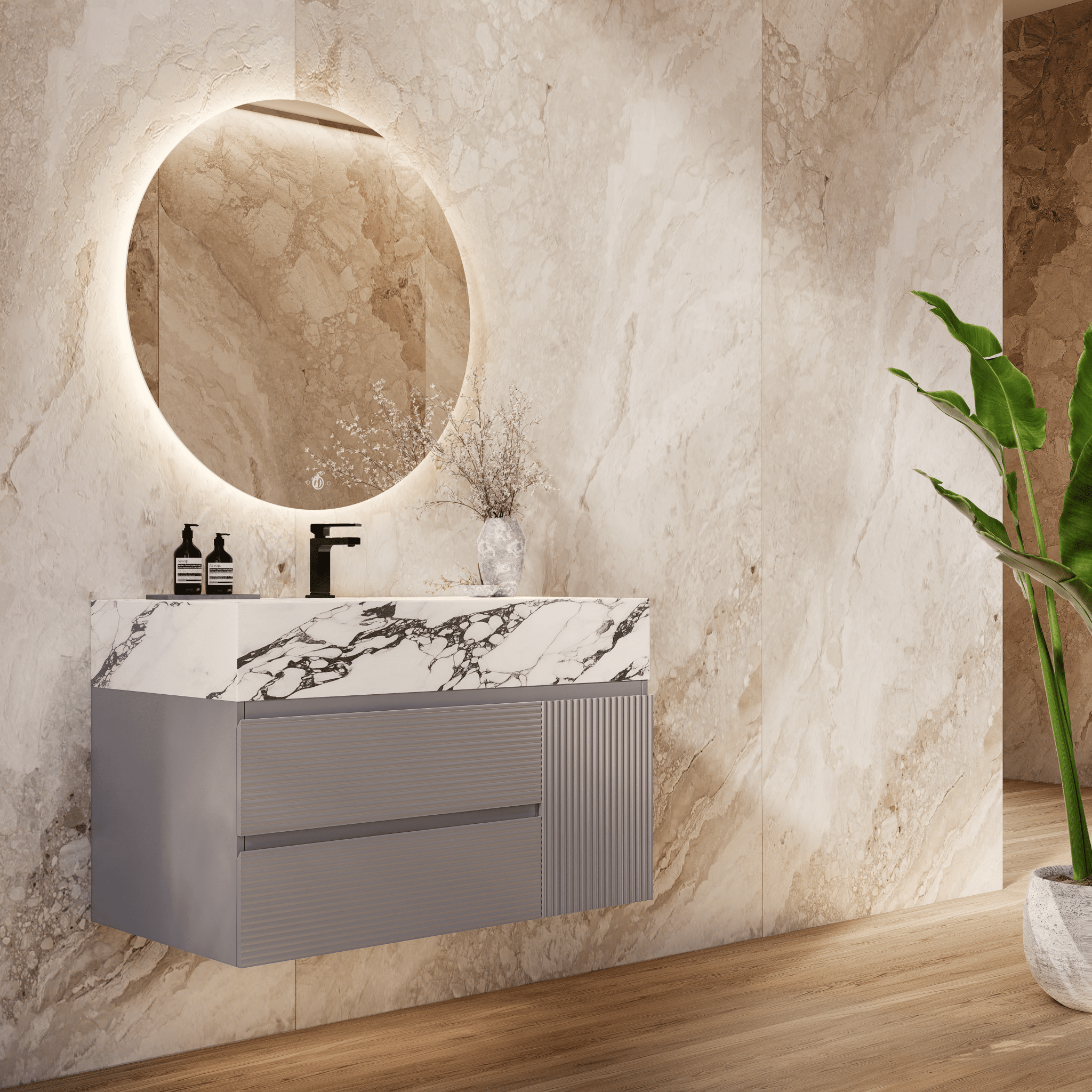 32", 40", 48" Light Grey Fluted Floating Vanity with Seamless Stone Sink - VanityCalacatta Black