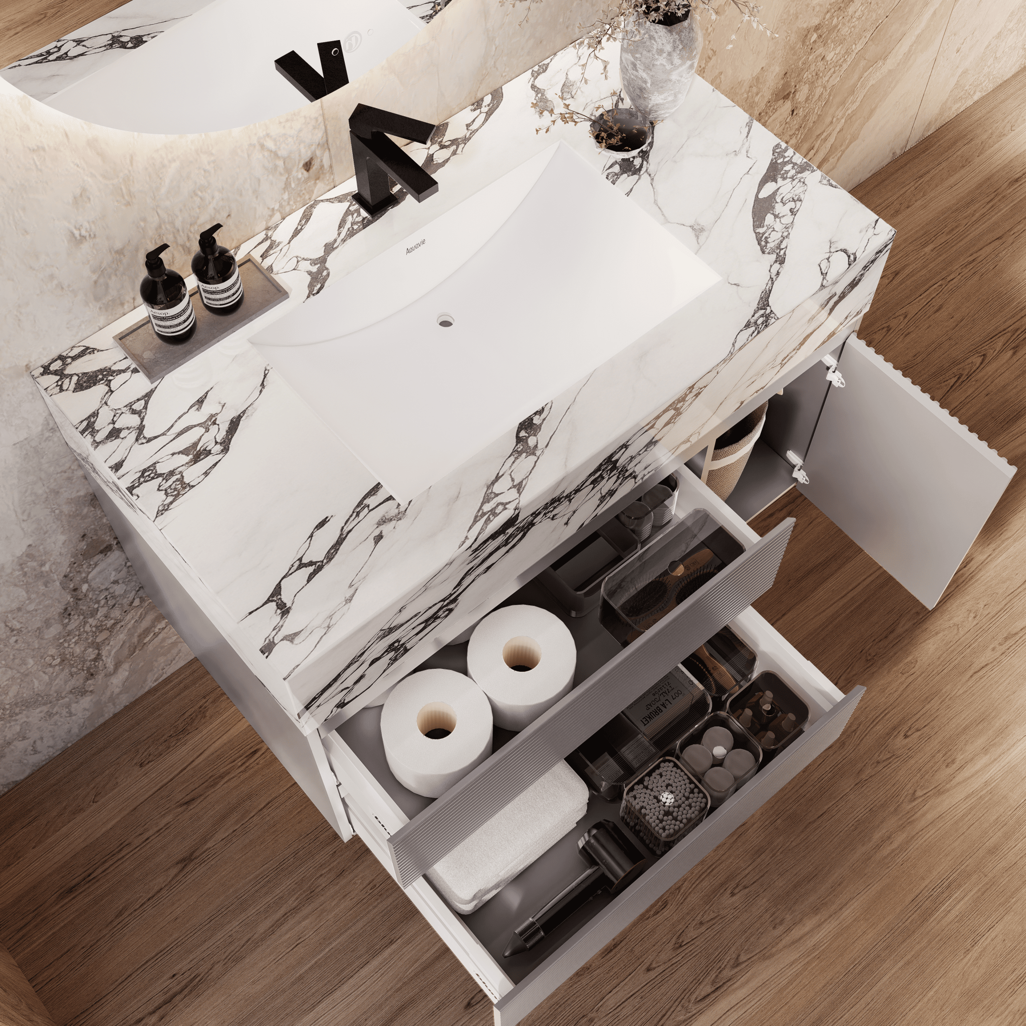 32", 40", 48" Light Grey Fluted Floating Vanity with Seamless Stone Sink - VanityCalacatta Black