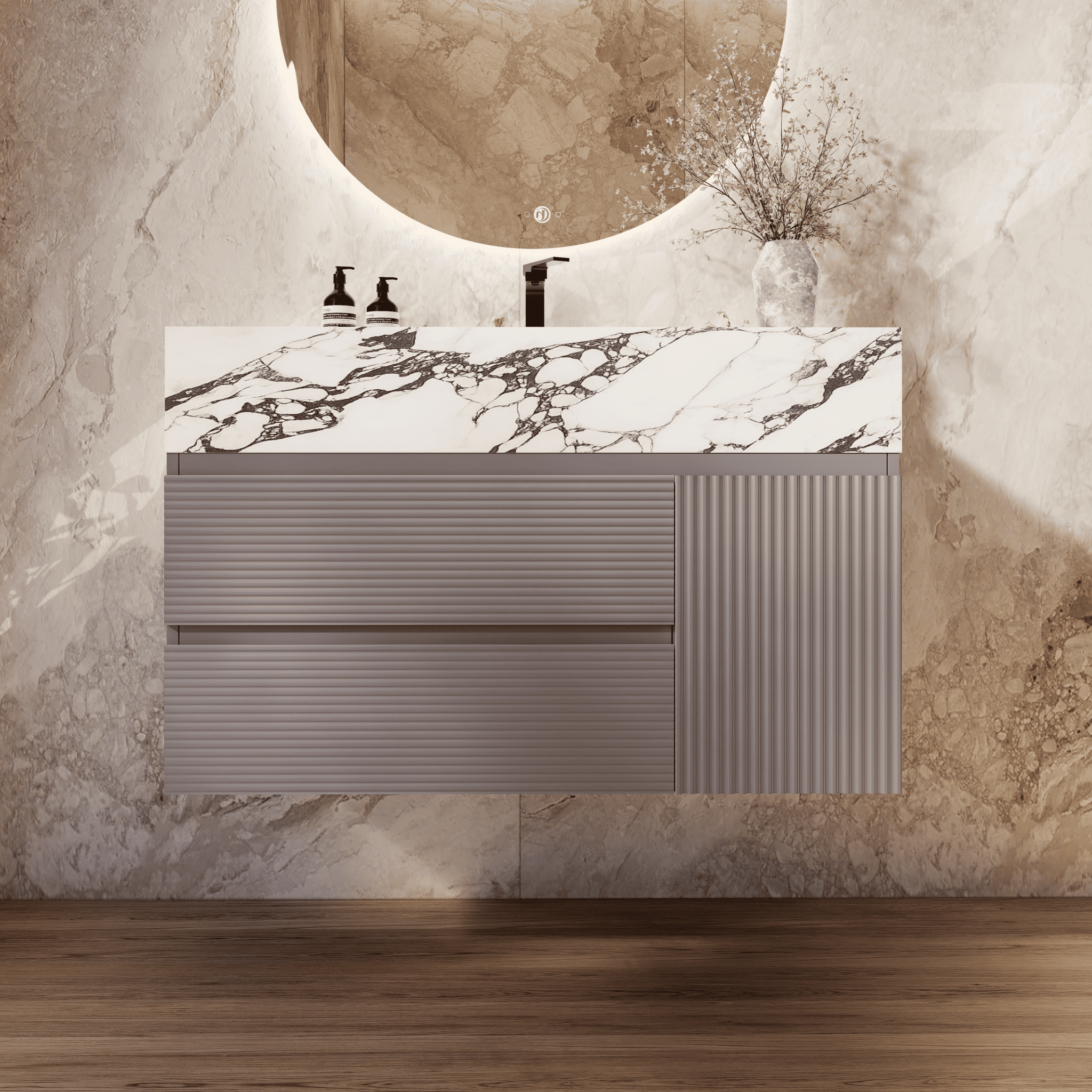 32", 40", 48" Light Grey Fluted Floating Vanity with Seamless Stone Sink - VanityCalacatta Black