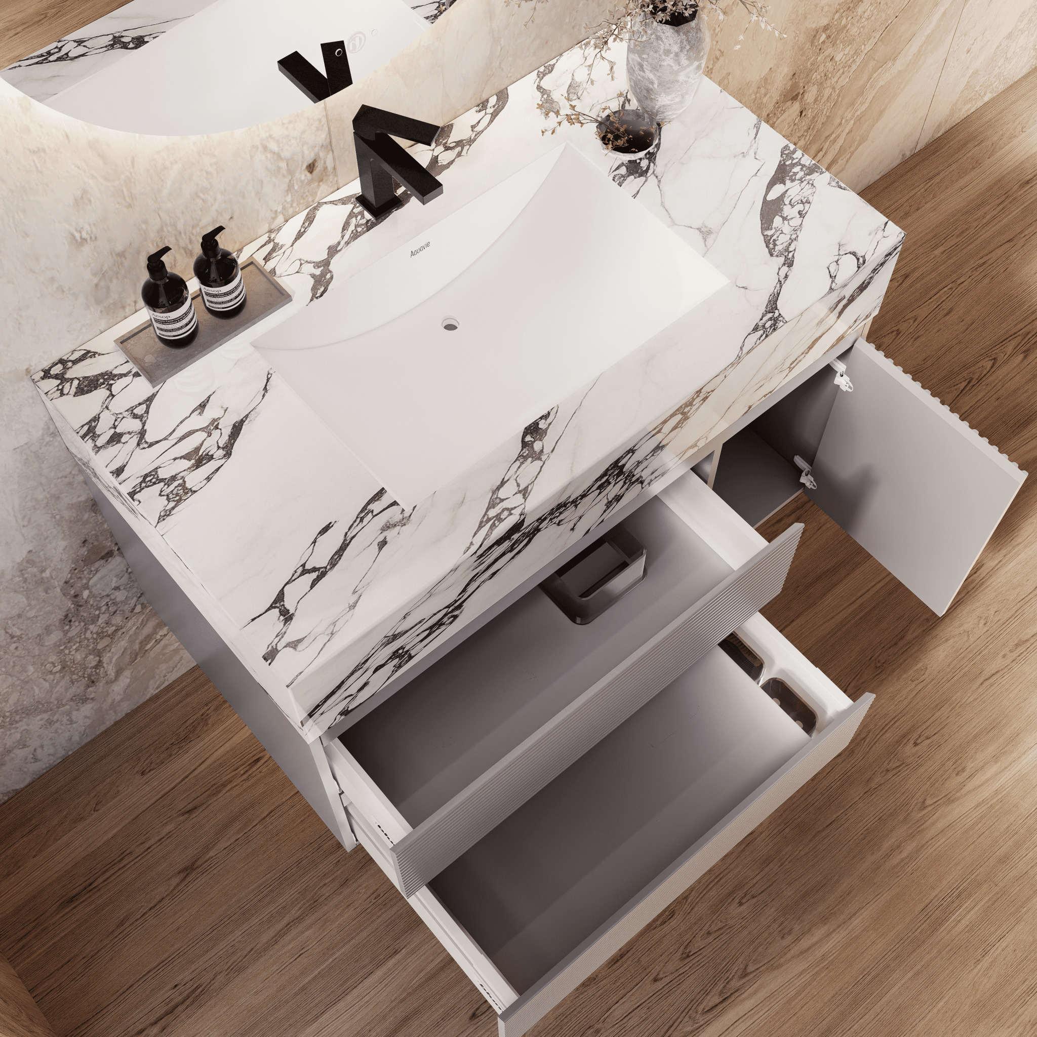 32", 40", 48" Light Grey Fluted Floating Vanity with Seamless Stone Sink - VanityCalacatta Black