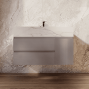 32", 40", 48" Light Grey Fluted Floating Vanity with Seamless Stone Sink - VanityCalacatta Gold
