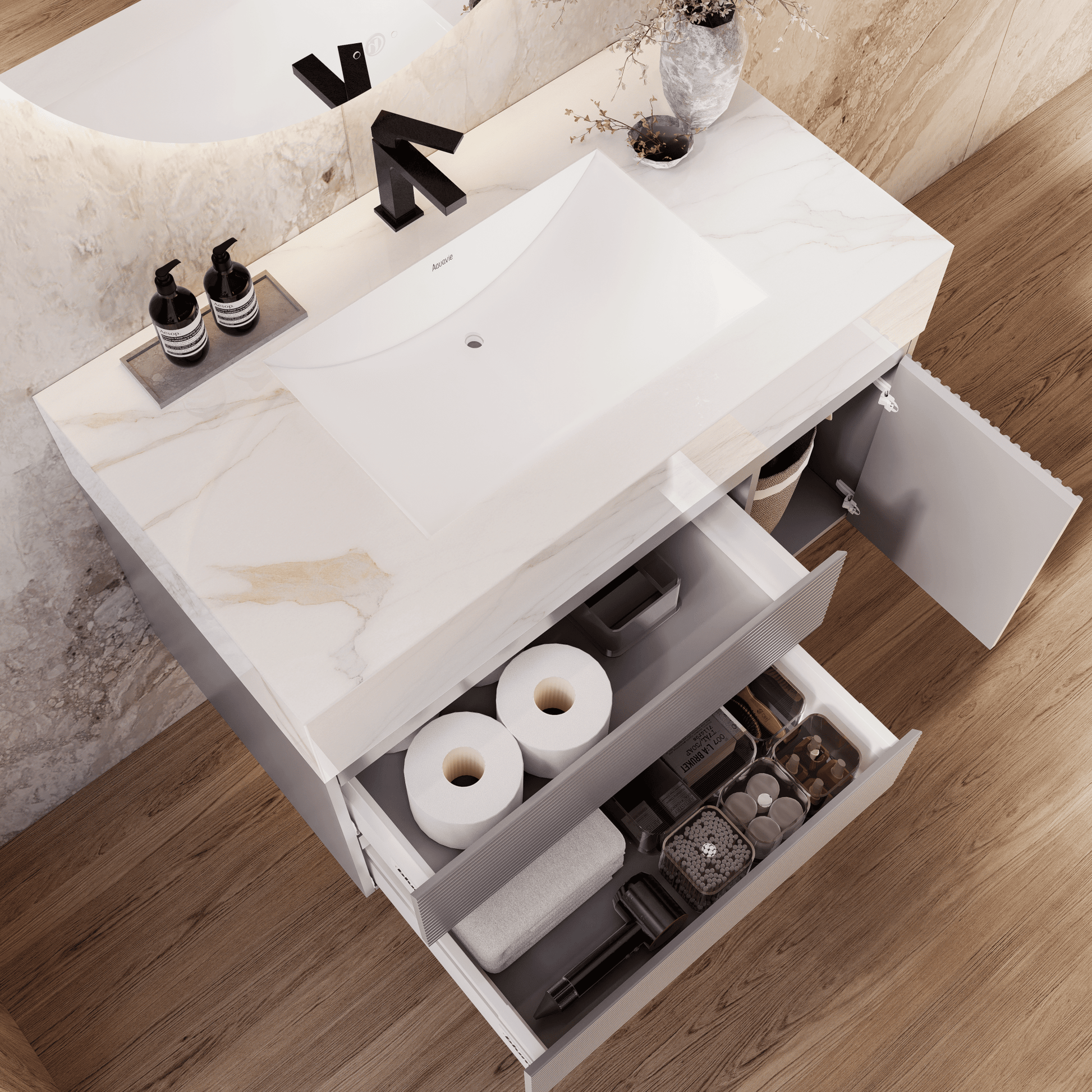 32", 40", 48" Light Grey Fluted Floating Vanity with Seamless Stone Sink - VanityCalacatta Gold