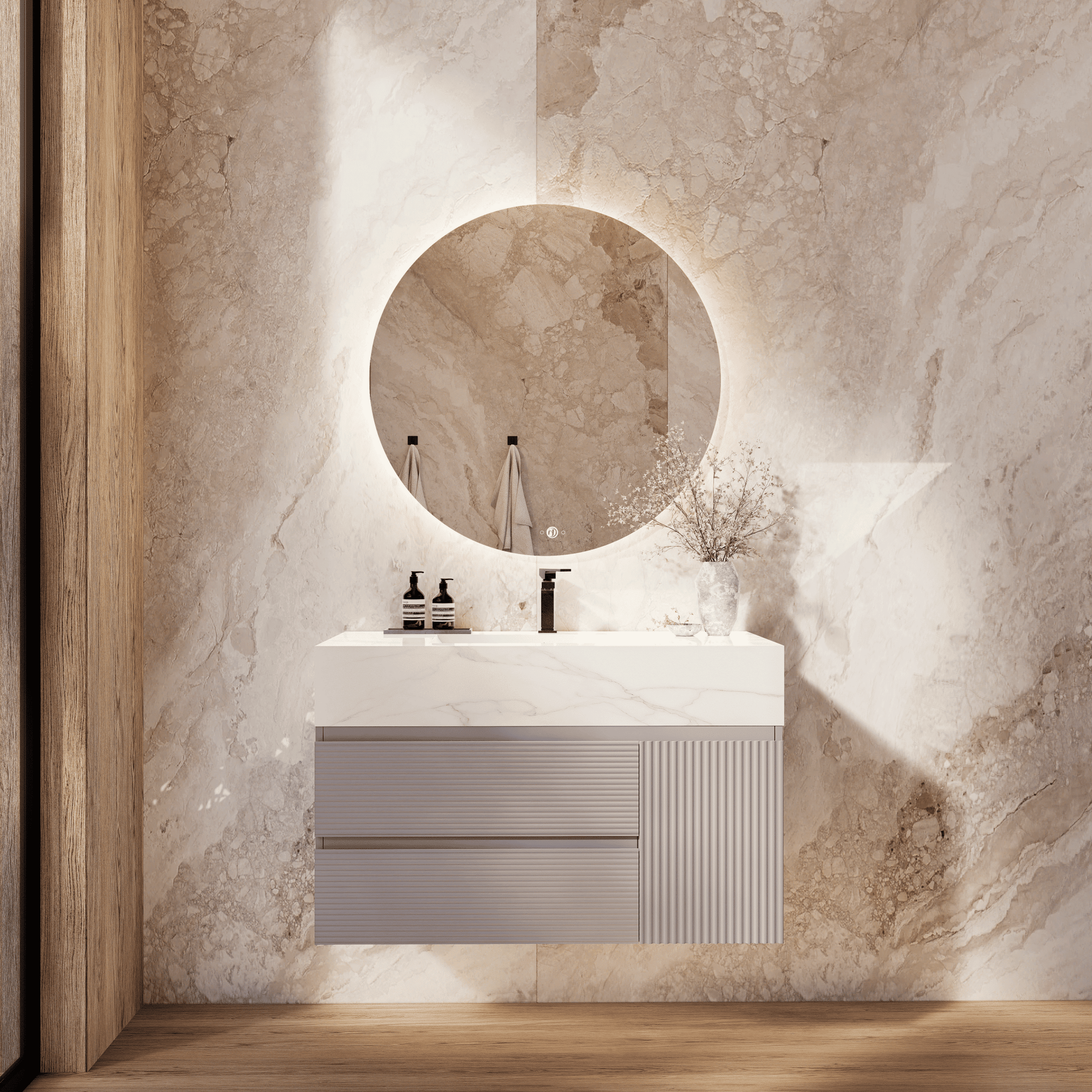 32", 40", 48" Light Grey Fluted Floating Vanity with Seamless Stone Sink - VanityCalacatta Gold