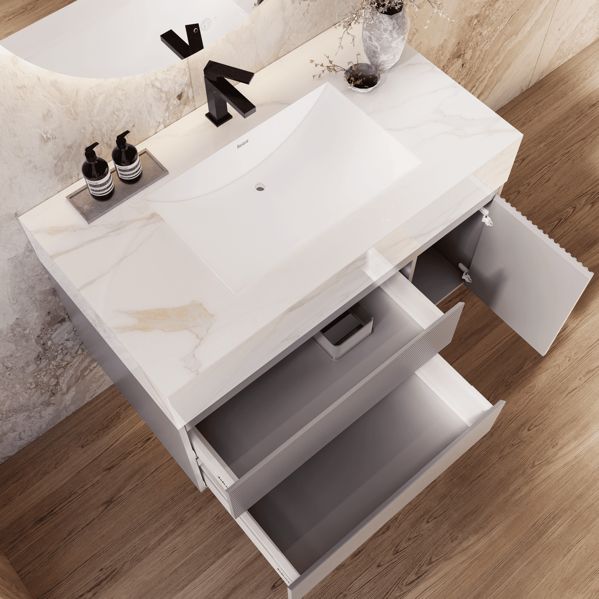 32", 40", 48" Light Grey Fluted Floating Vanity with Seamless Stone Sink - VanityCalacatta Gold