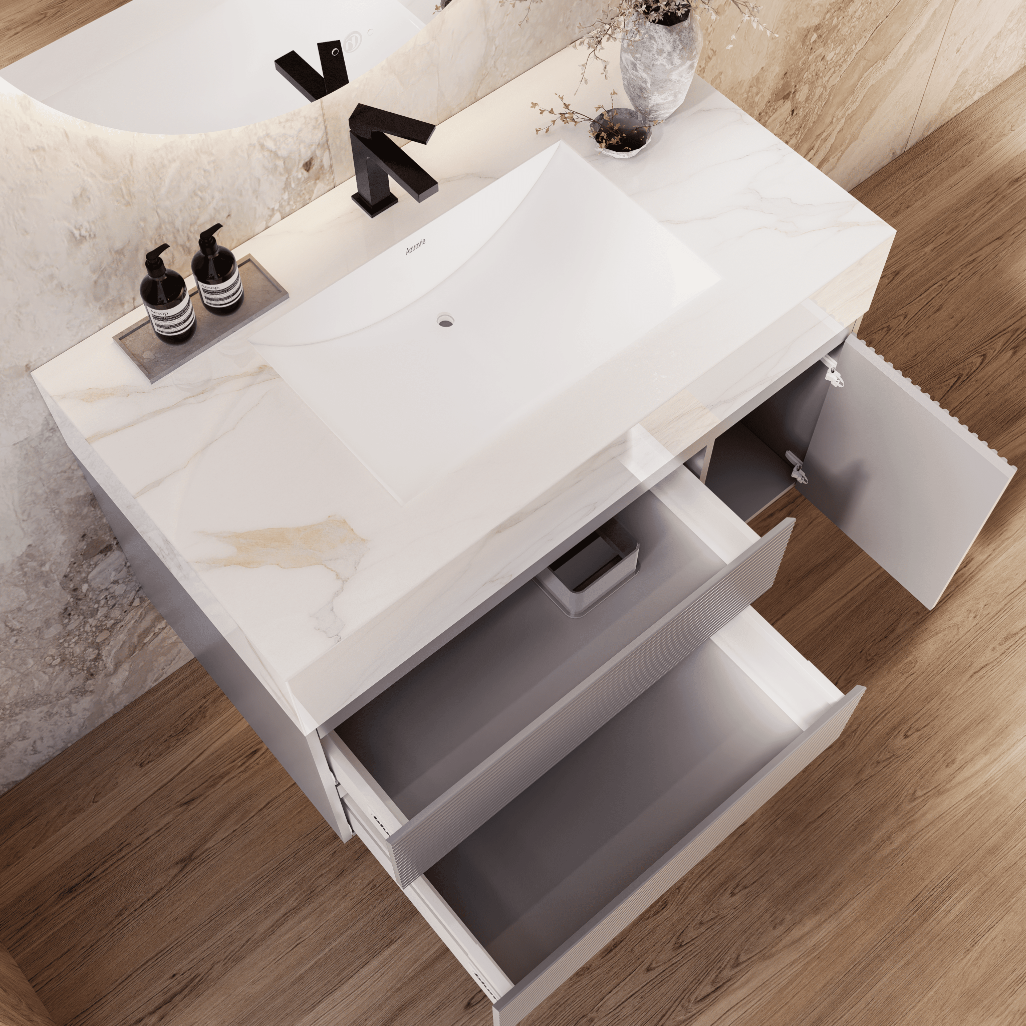 32", 40", 48" Light Grey Fluted Floating Vanity with Seamless Stone Sink - VanityCalacatta Gold