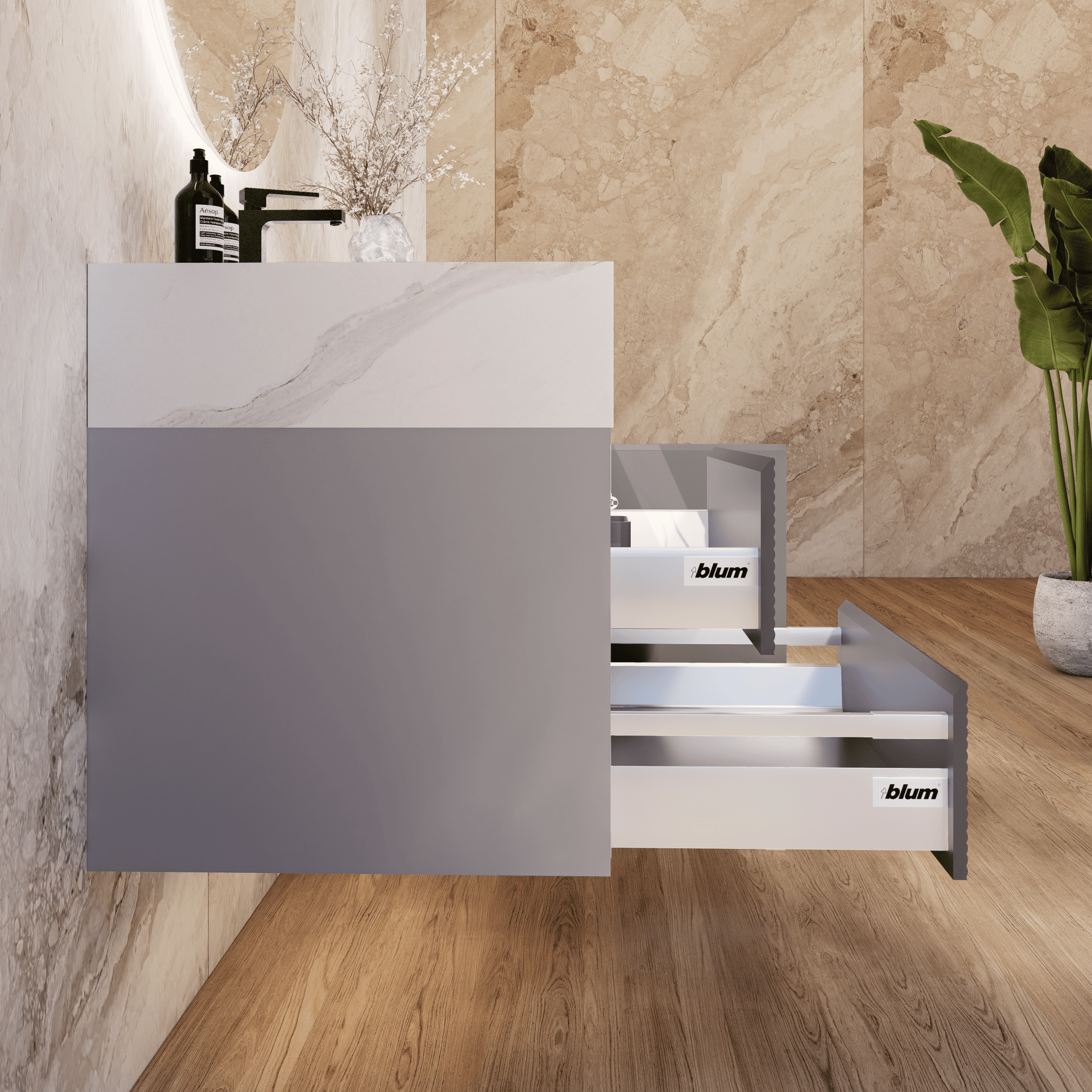 32", 40", 48" Light Grey Fluted Floating Vanity with Seamless Stone Sink - VanityCalacatta Gold