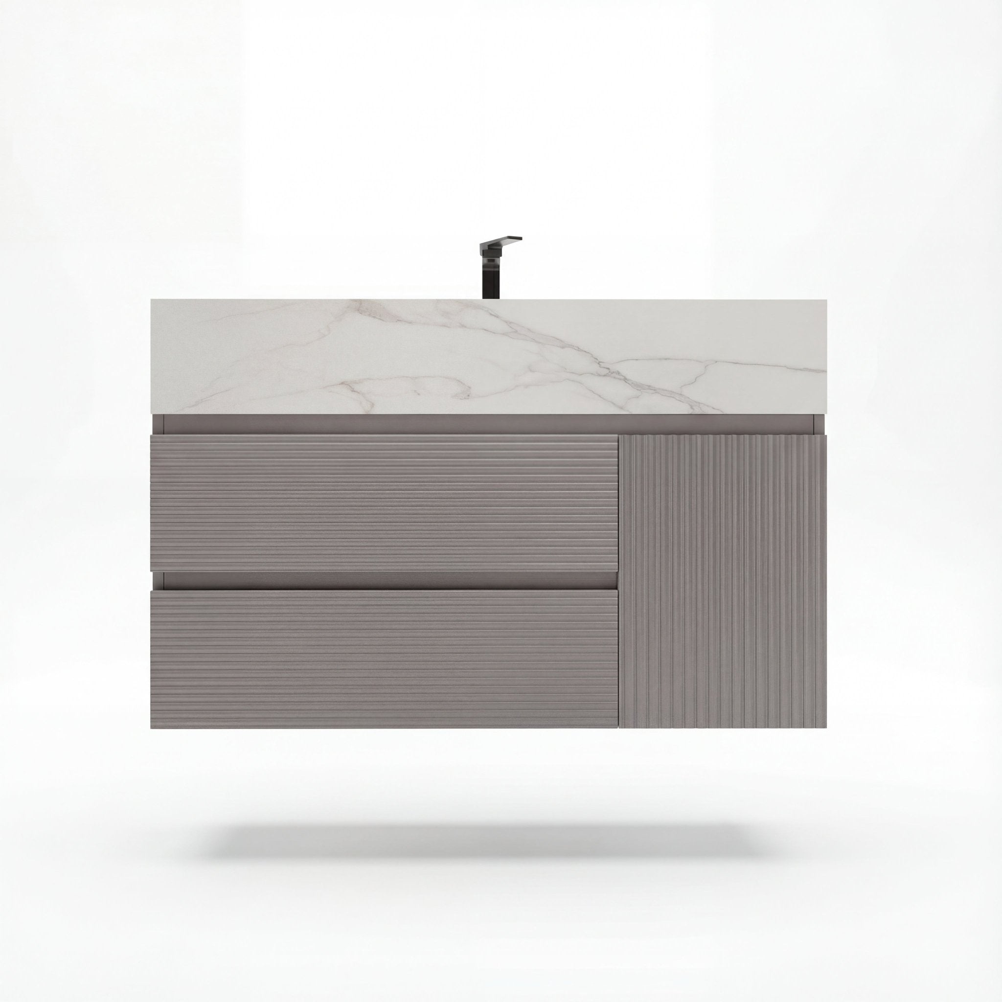 32", 40", 48" Light Grey Fluted Floating Vanity with Seamless Stone Sink - VanityCalacatta Gold