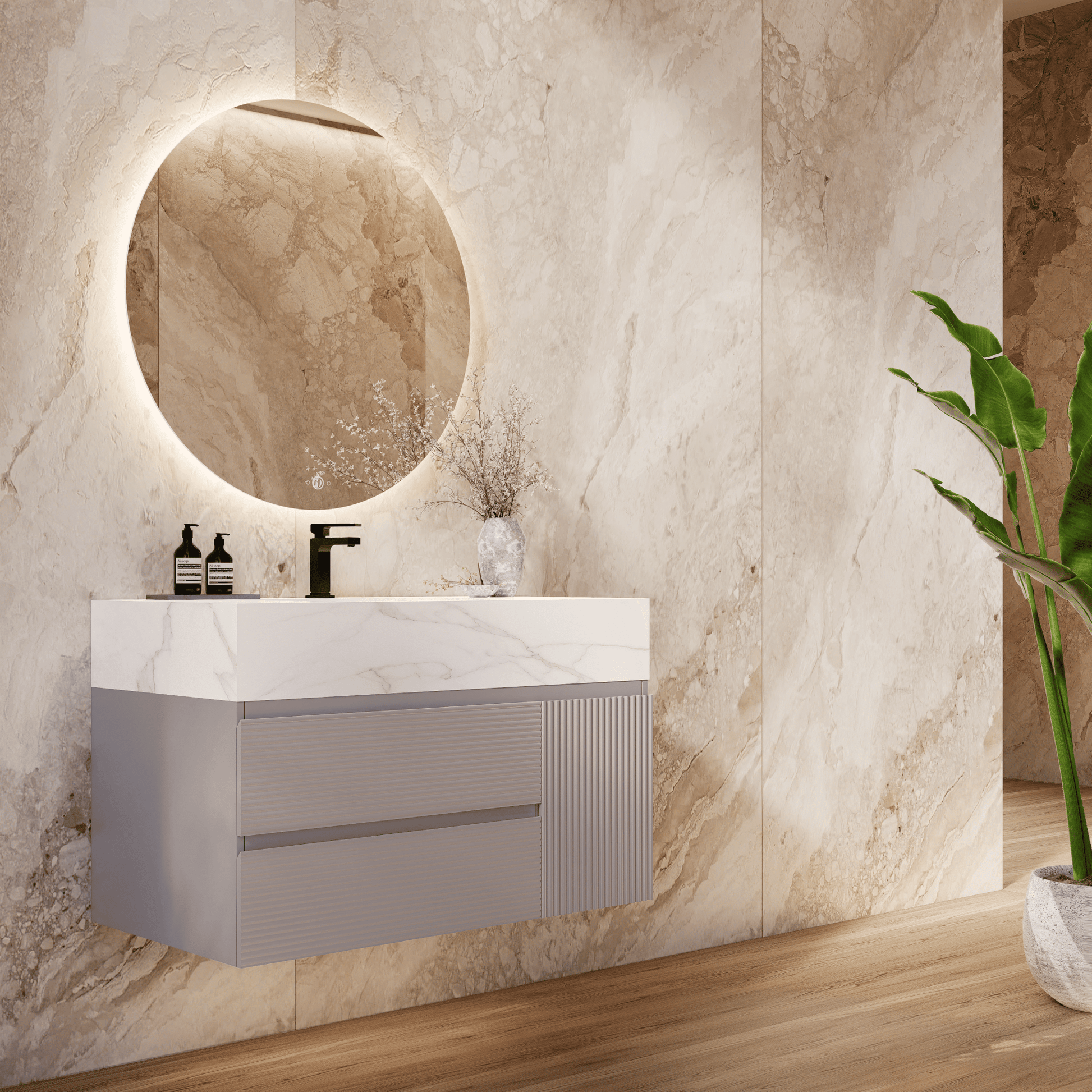 32", 40", 48" Light Grey Fluted Floating Vanity with Seamless Stone Sink - VanityCalacatta Gold