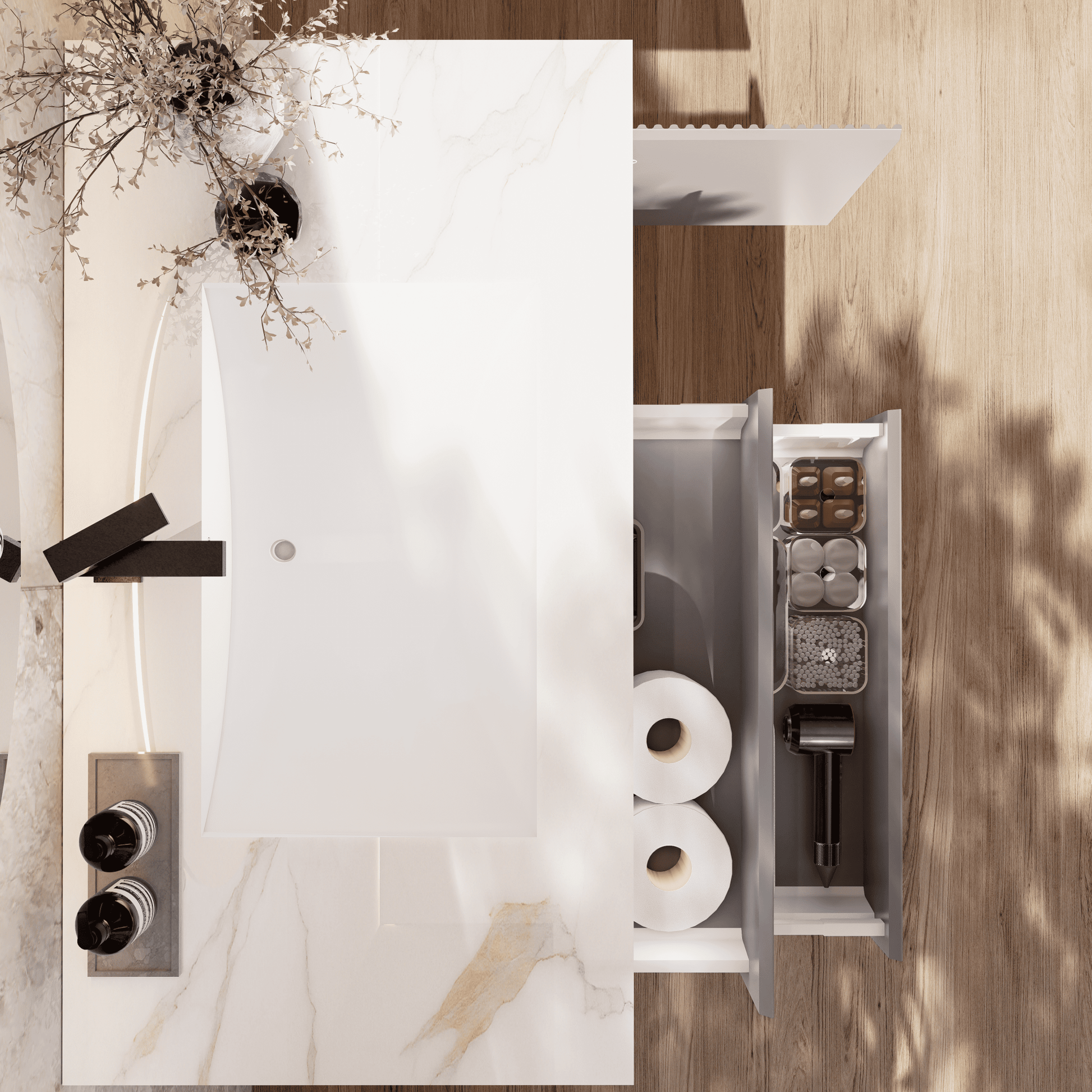 32", 40", 48" Light Grey Fluted Floating Vanity with Seamless Stone Sink - VanityCalacatta Gold