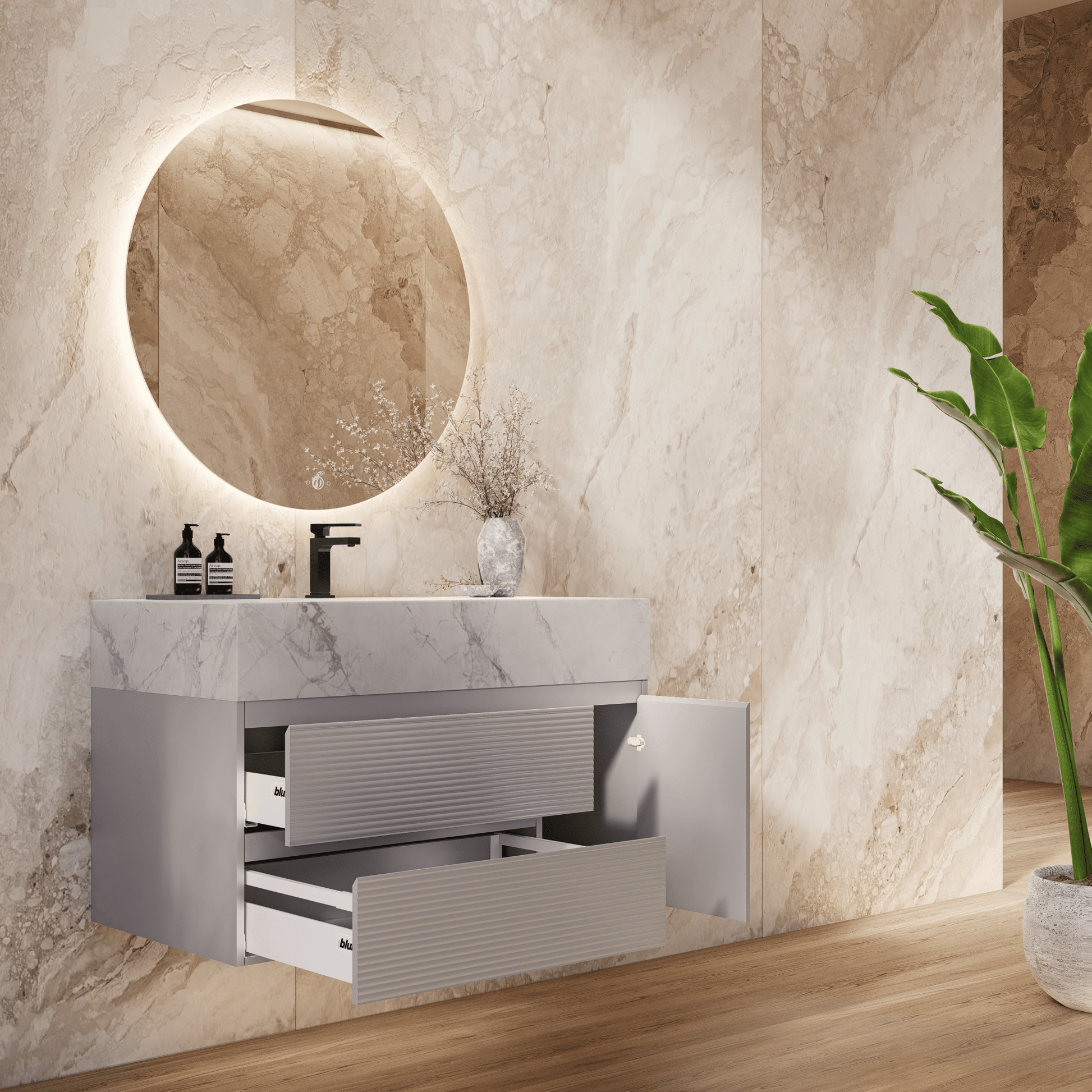 32", 40", 48" Light Grey Fluted Floating Vanity with Seamless Stone Sink - VanityIce Grey