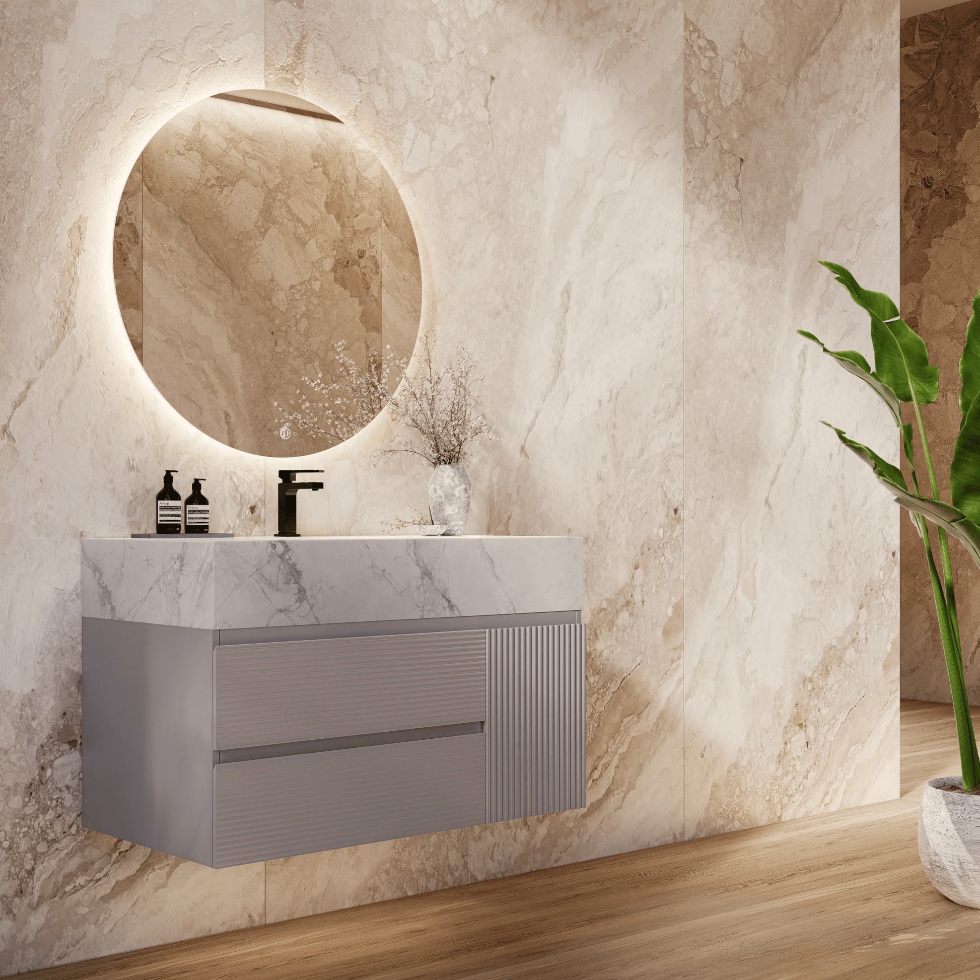 32", 40", 48" Light Grey Fluted Floating Vanity with Seamless Stone Sink - VanityIce Grey