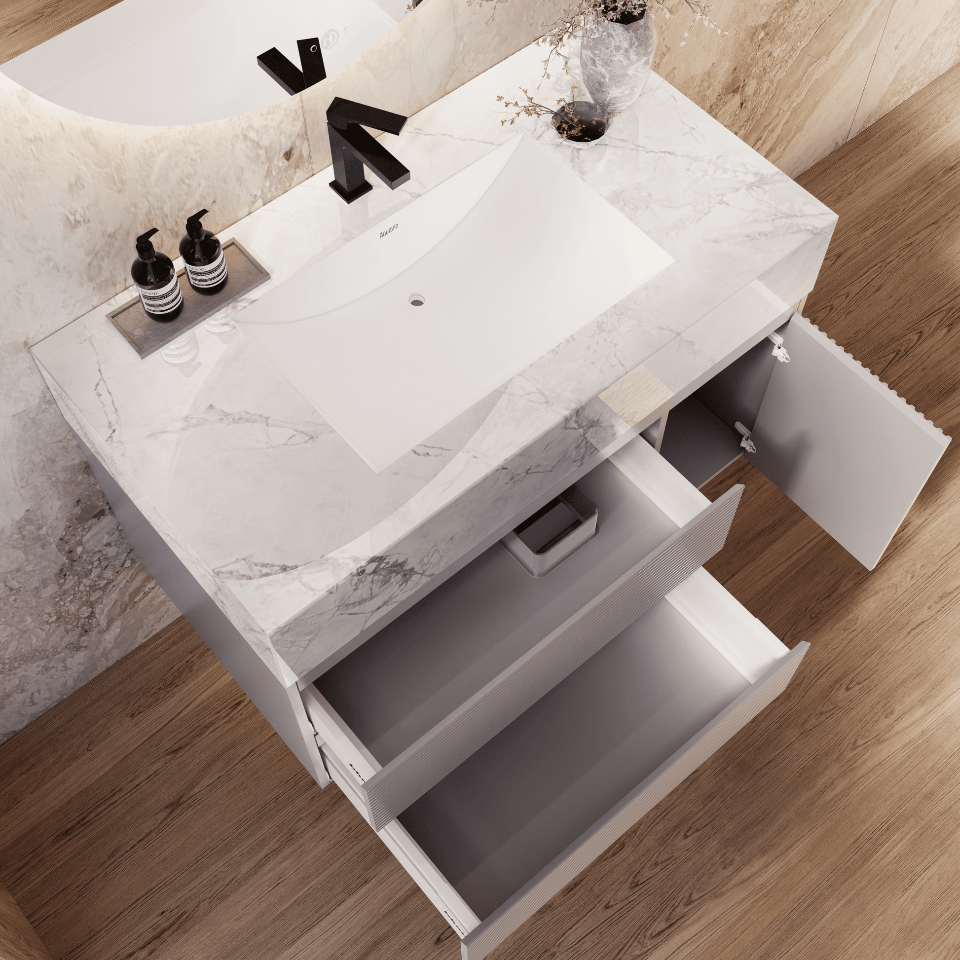 32", 40", 48" Light Grey Fluted Floating Vanity with Seamless Stone Sink - VanityIce Grey