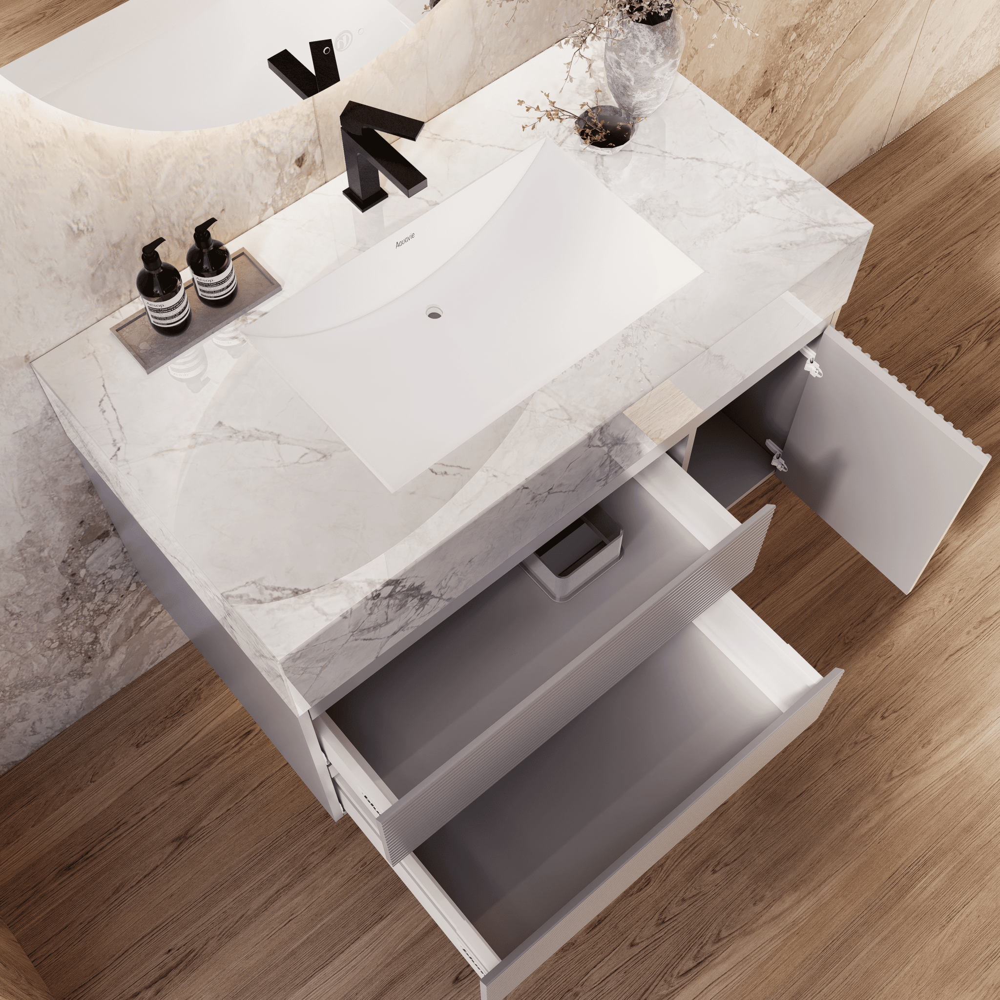 32", 40", 48" Light Grey Fluted Floating Vanity with Seamless Stone Sink - VanityIce Grey