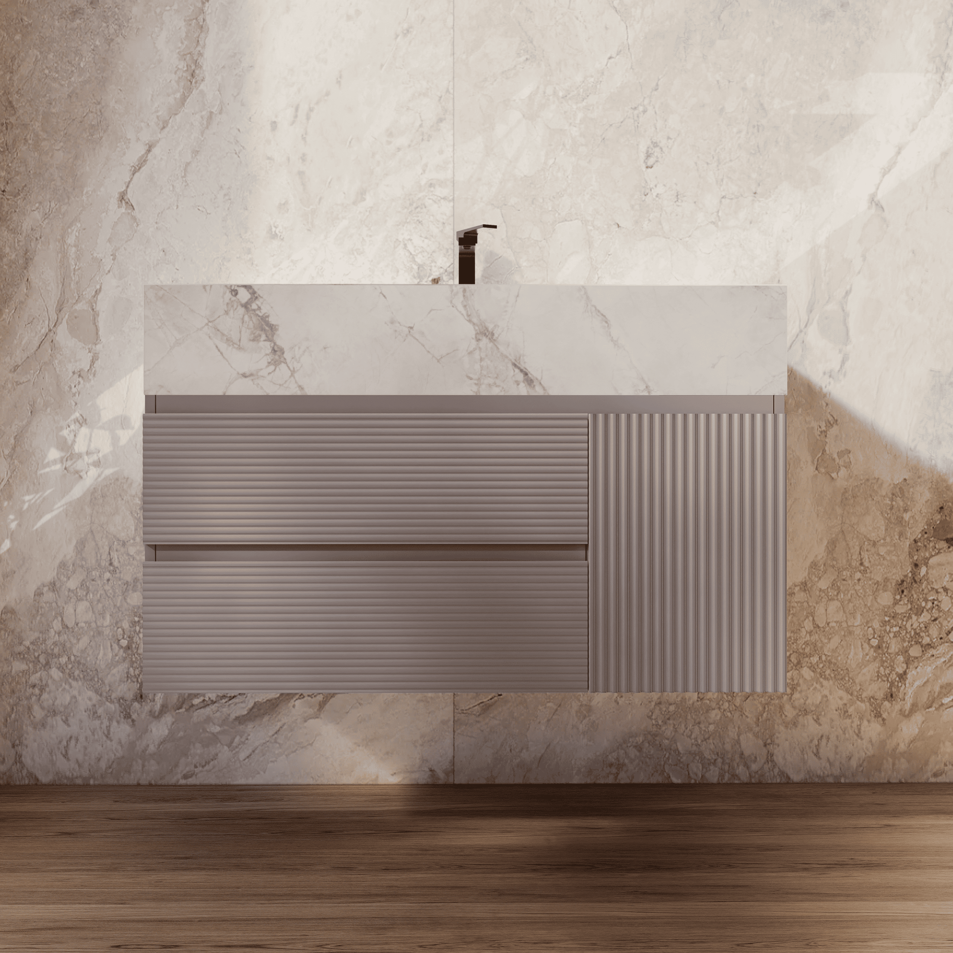 32", 40", 48" Light Grey Fluted Floating Vanity with Seamless Stone Sink - VanityIce Grey