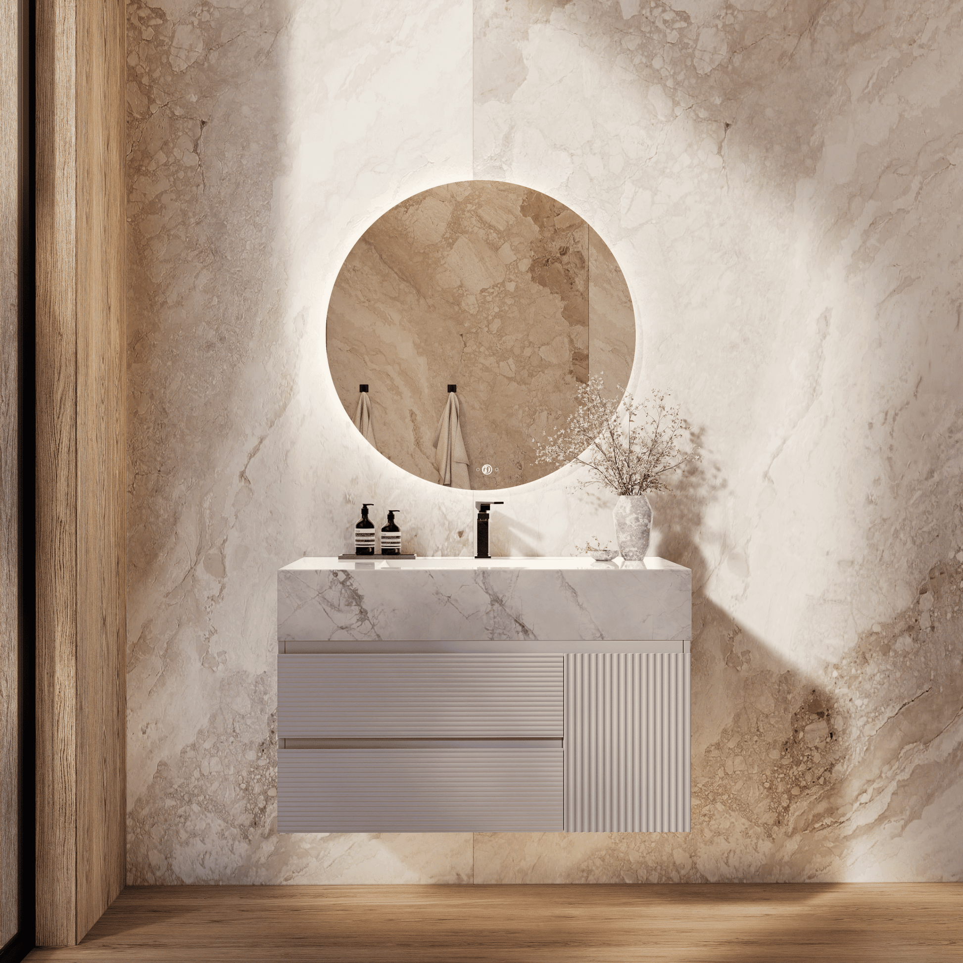 32", 40", 48" Light Grey Fluted Floating Vanity with Seamless Stone Sink - VanityIce Grey