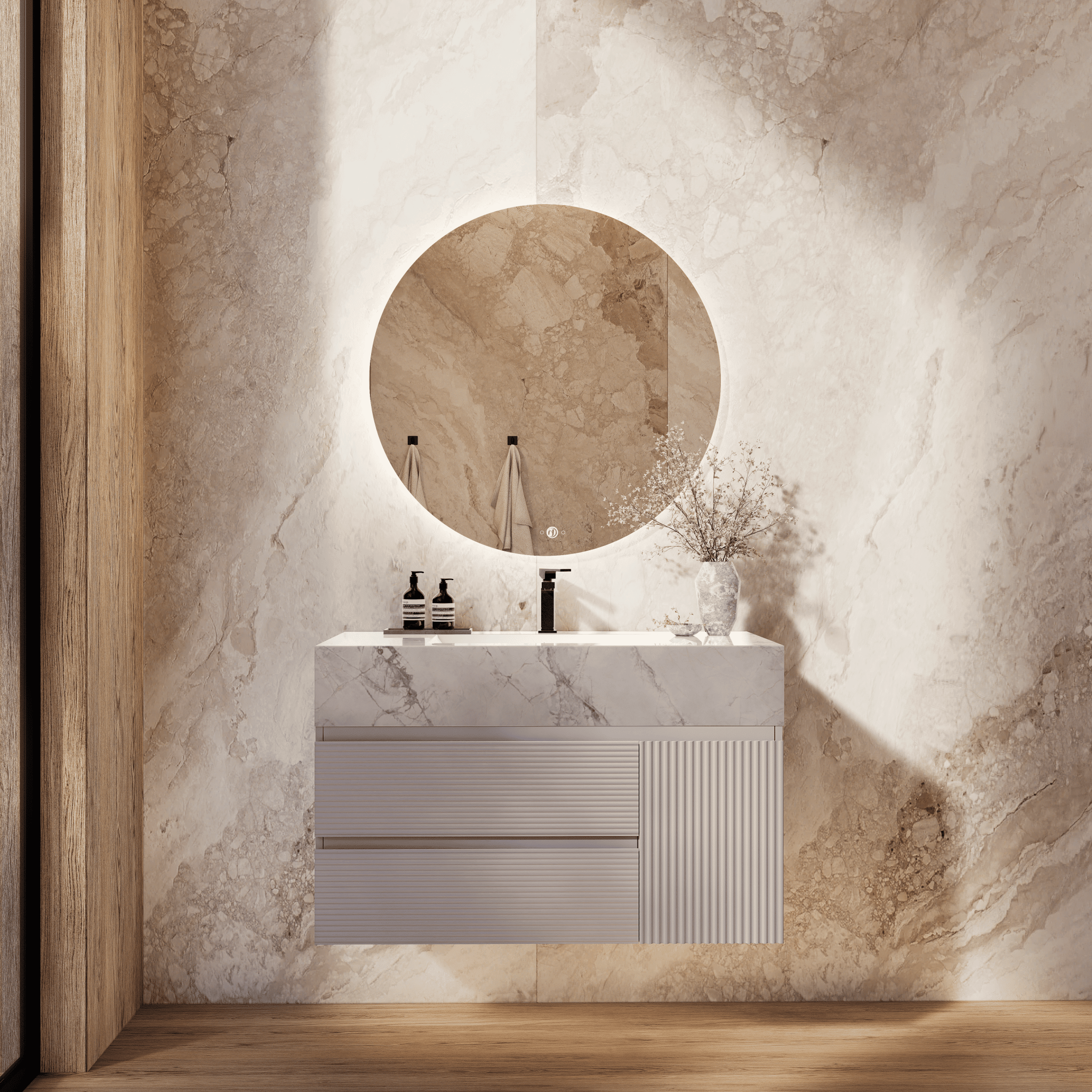 32", 40", 48" Light Grey Fluted Floating Vanity with Seamless Stone Sink - VanityIce Grey