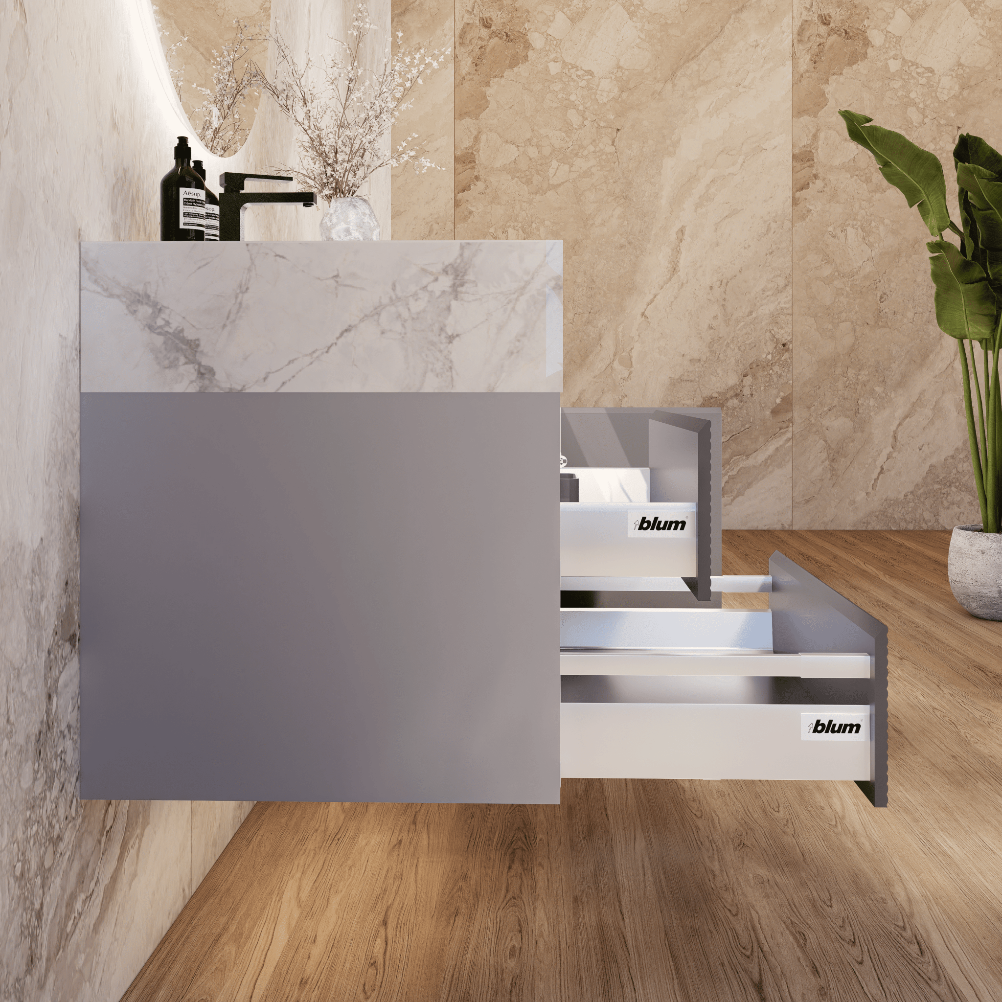 32", 40", 48" Light Grey Fluted Floating Vanity with Seamless Stone Sink - VanityIce Grey