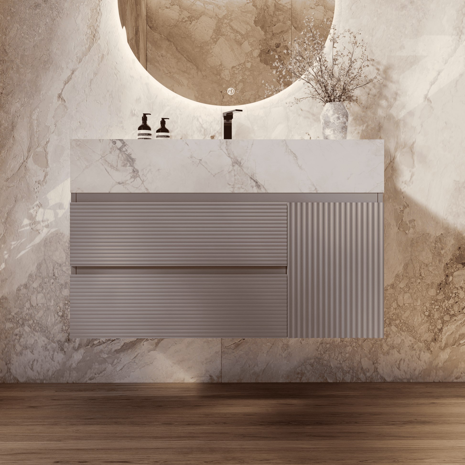 32", 40", 48" Light Grey Fluted Floating Vanity with Seamless Stone Sink - VanityIce Grey