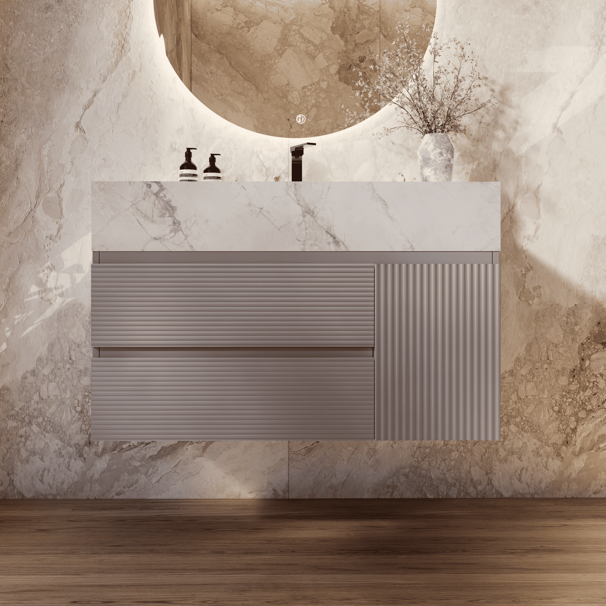 32", 40", 48" Light Grey Fluted Floating Vanity with Seamless Stone Sink - VanityIce Grey