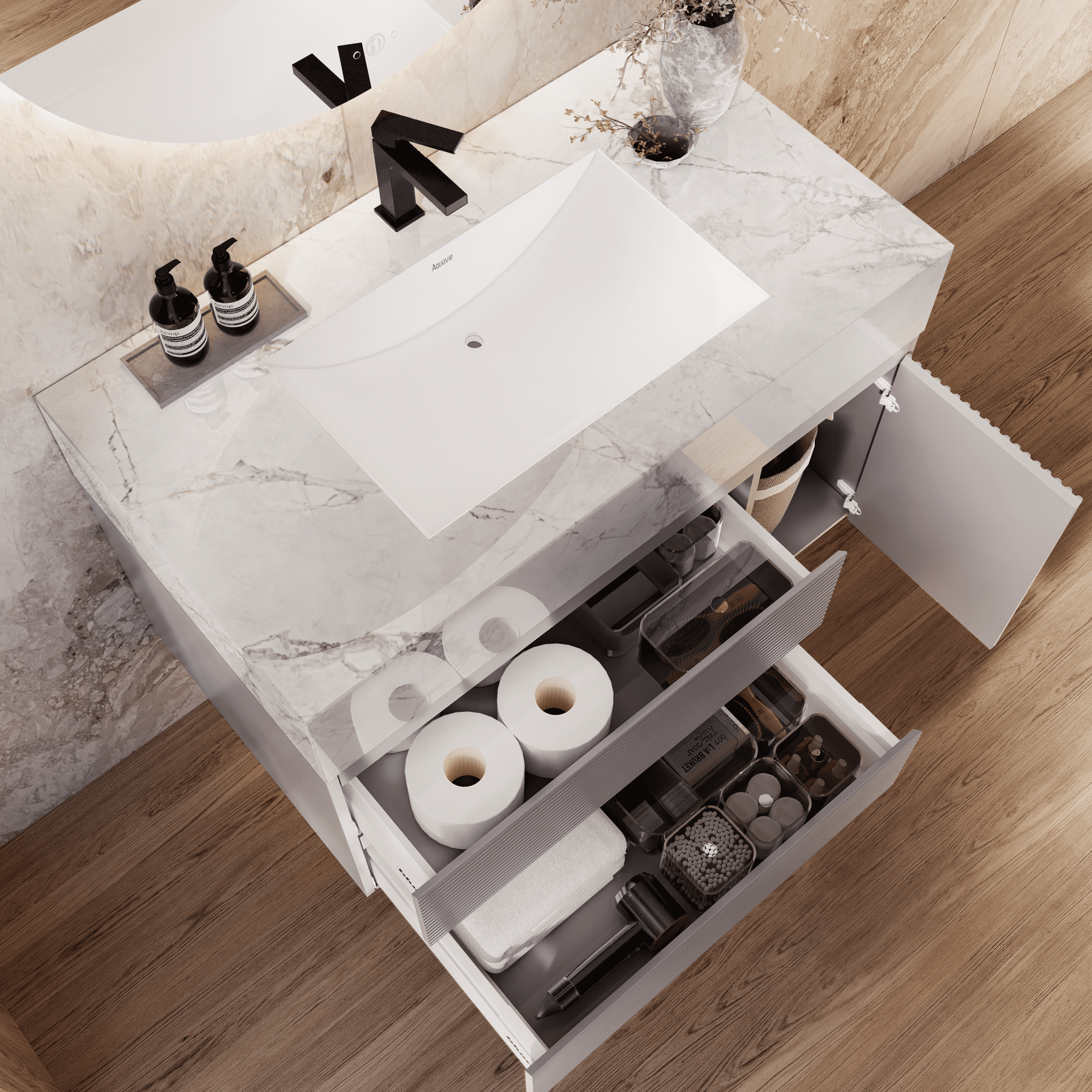 32", 40", 48" Light Grey Fluted Floating Vanity with Seamless Stone Sink - VanityIce Grey