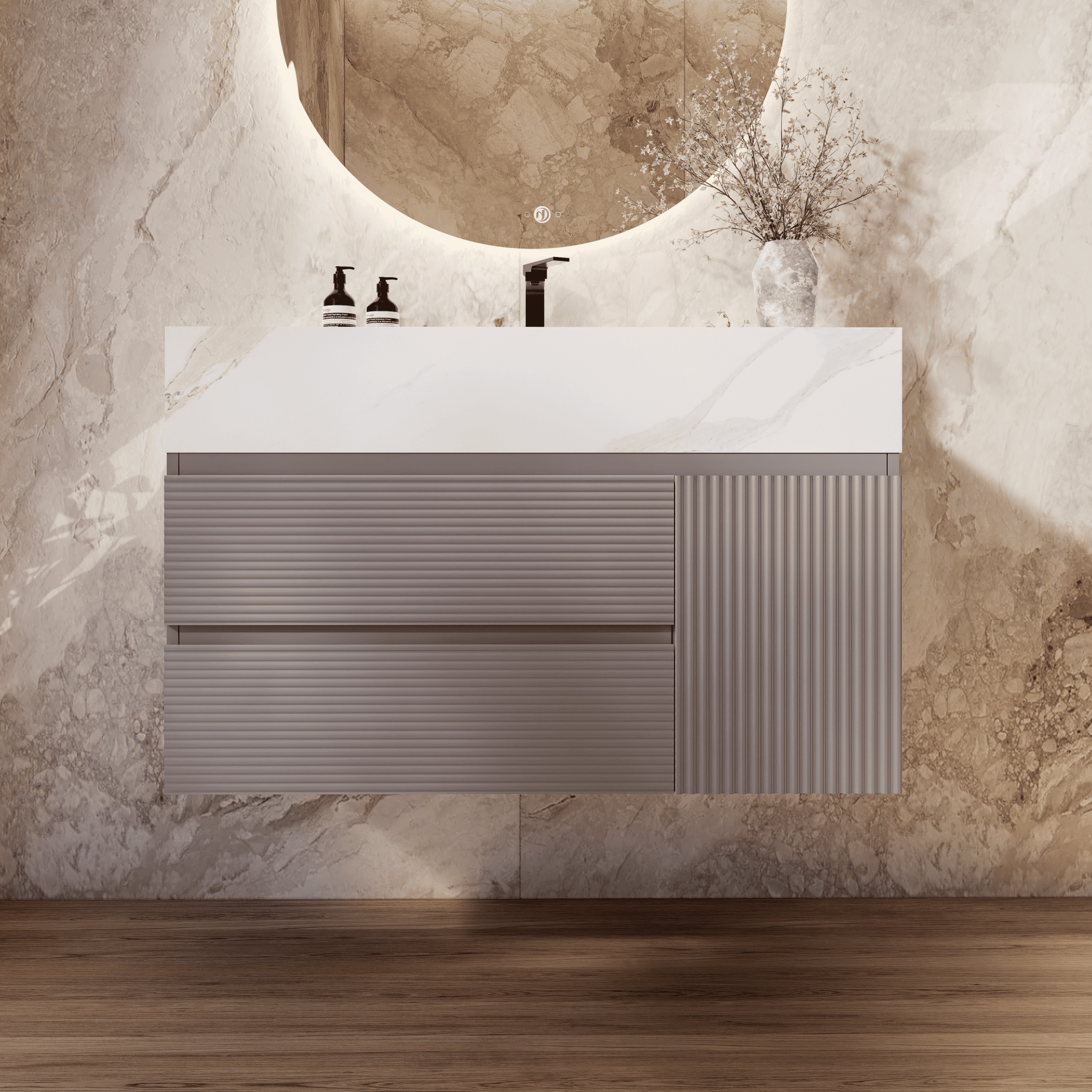 32", 40", 48" Light Grey Fluted Floating Vanity with Seamless Stone Sink - VanityWhite Carrara