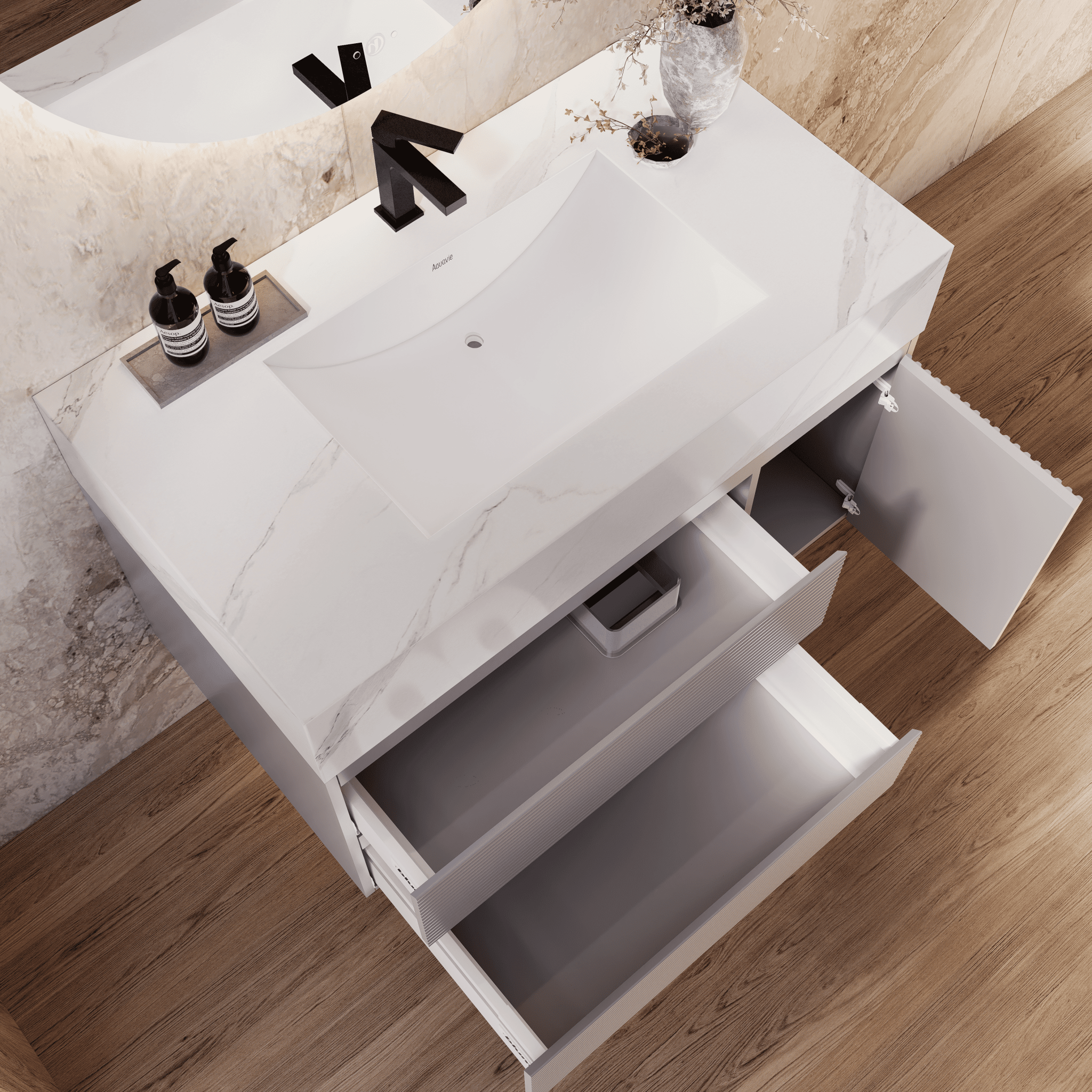 32", 40", 48" Light Grey Fluted Floating Vanity with Seamless Stone Sink - VanityWhite Carrara