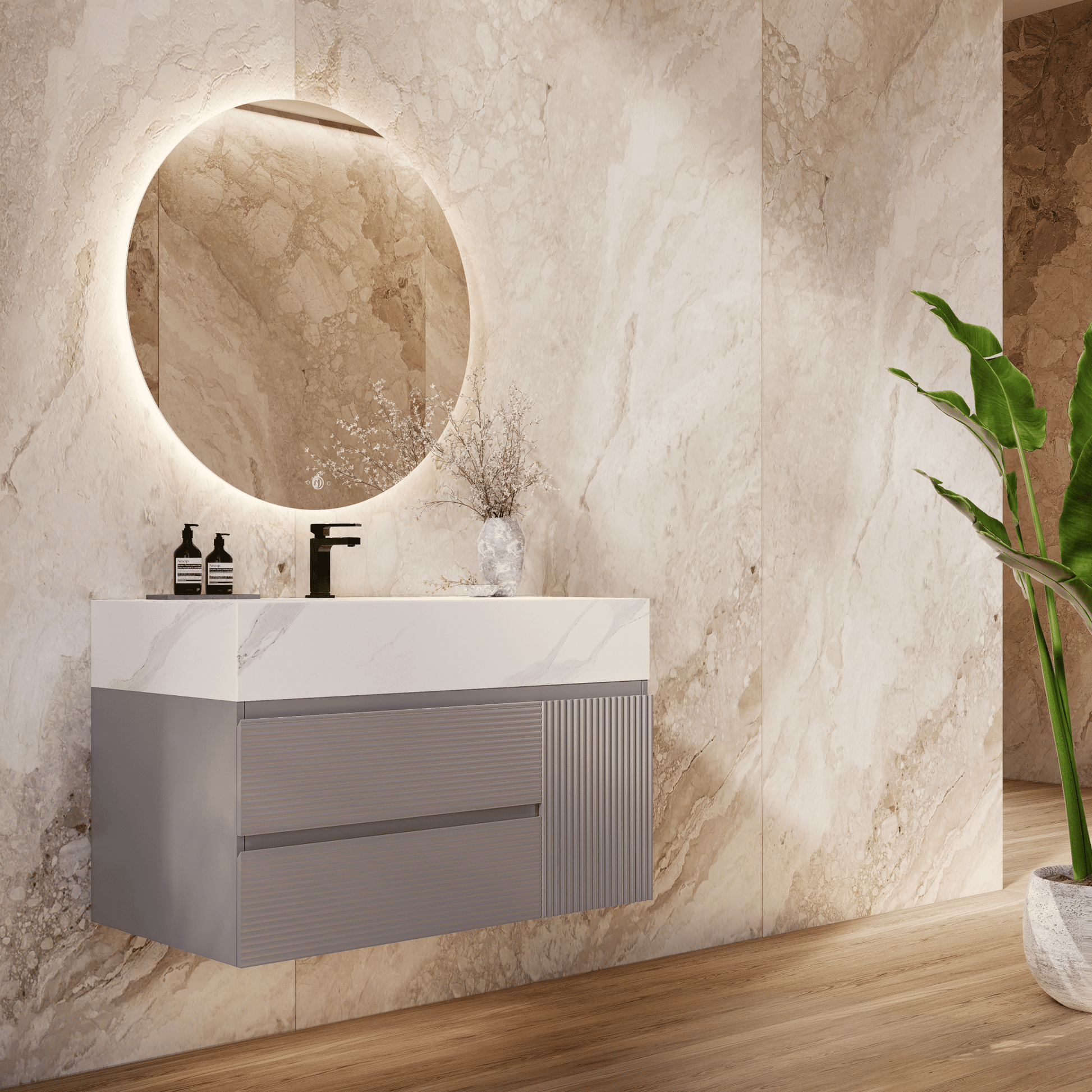 32", 40", 48" Light Grey Fluted Floating Vanity with Seamless Stone Sink - VanityWhite Carrara