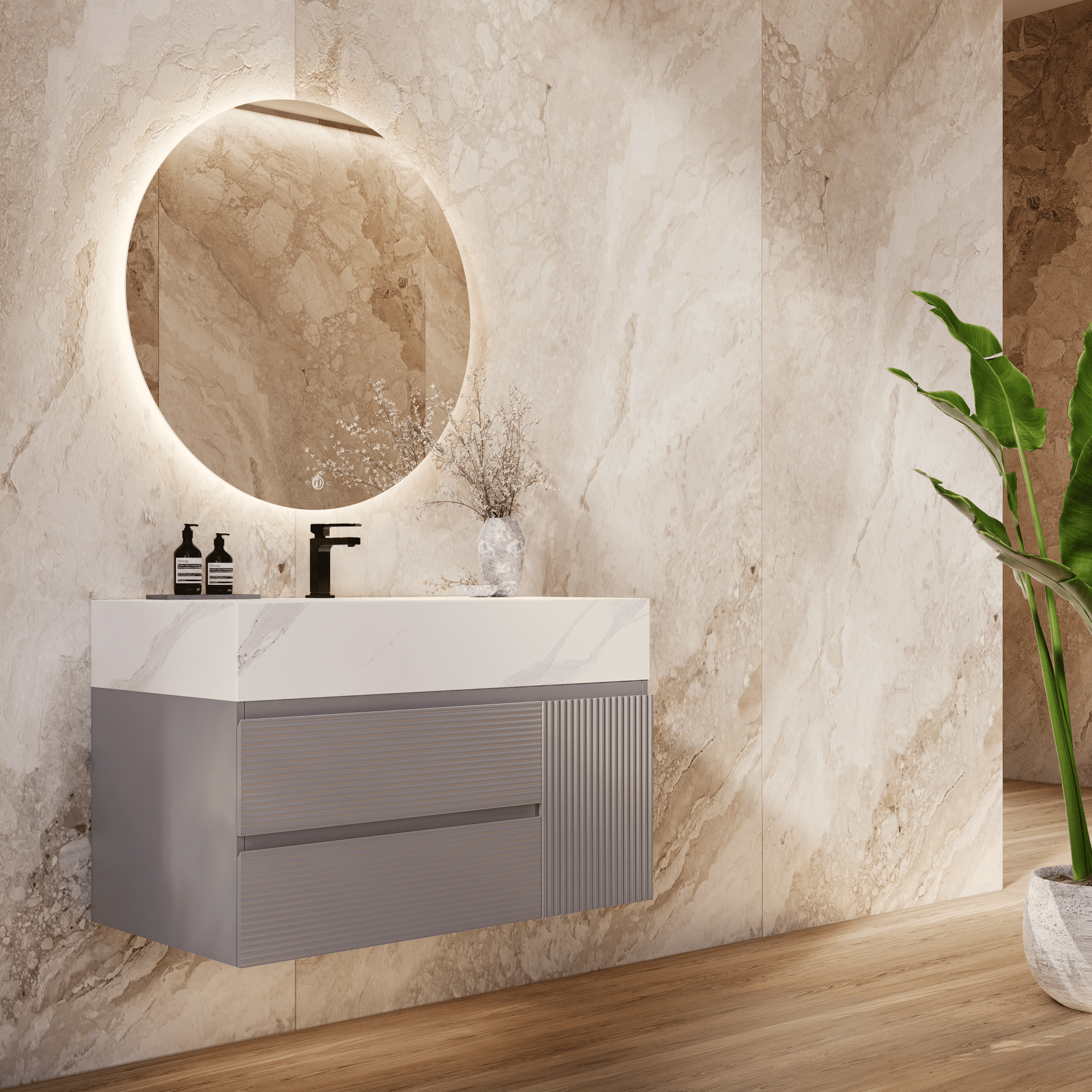 32", 40", 48" Light Grey Fluted Floating Vanity with Seamless Stone Sink - VanityWhite Carrara