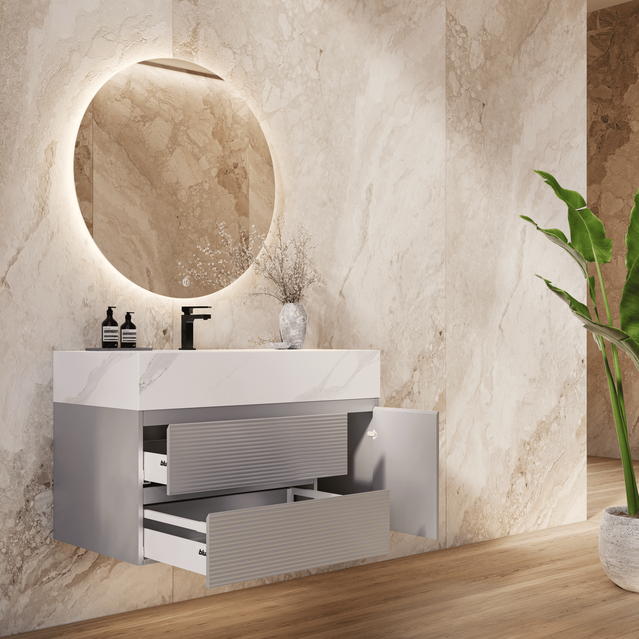 32", 40", 48" Light Grey Fluted Floating Vanity with Seamless Stone Sink - VanityWhite Carrara