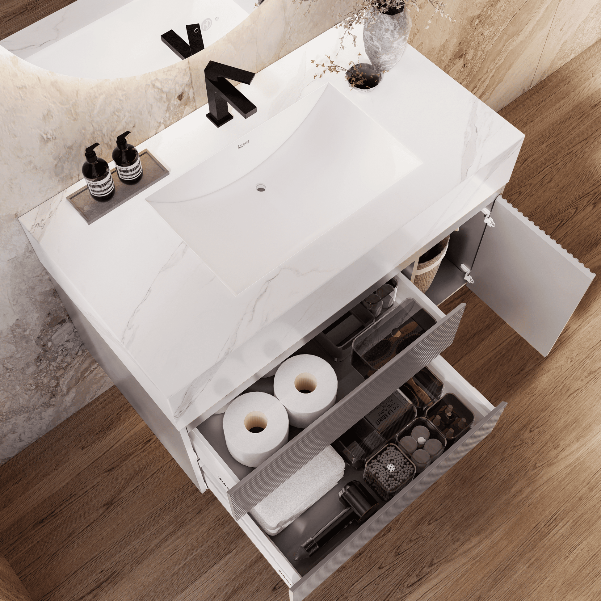 32", 40", 48" Light Grey Fluted Floating Vanity with Seamless Stone Sink - VanityWhite Carrara