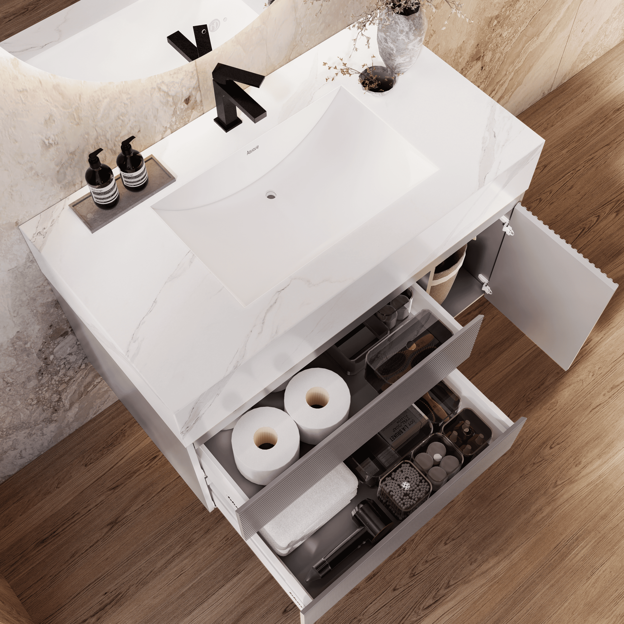 32", 40", 48" Light Grey Fluted Floating Vanity with Seamless Stone Sink - VanityWhite Carrara