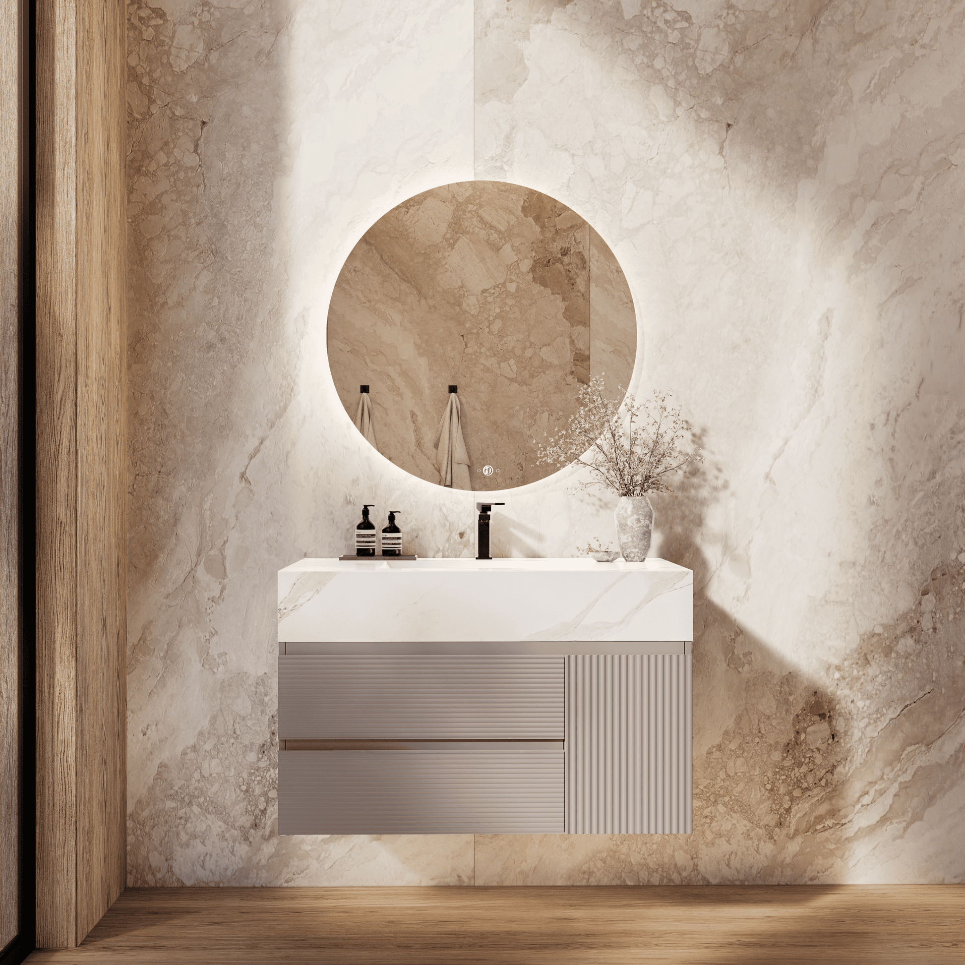 32", 40", 48" Light Grey Fluted Floating Vanity with Seamless Stone Sink - VanityWhite Carrara