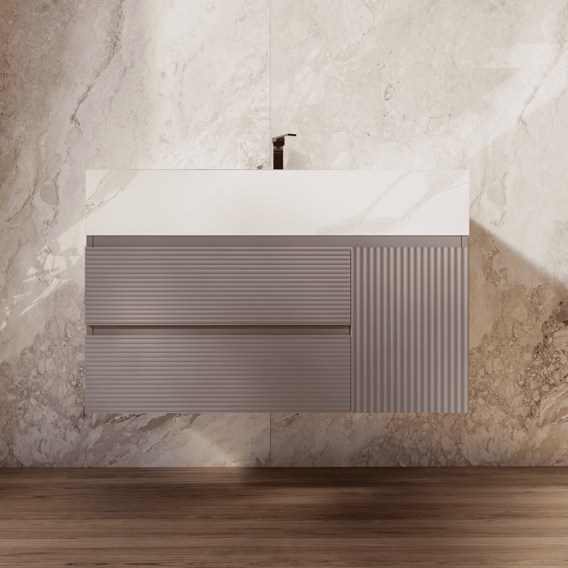 32", 40", 48" Light Grey Fluted Floating Vanity with Seamless Stone Sink - VanityWhite Carrara