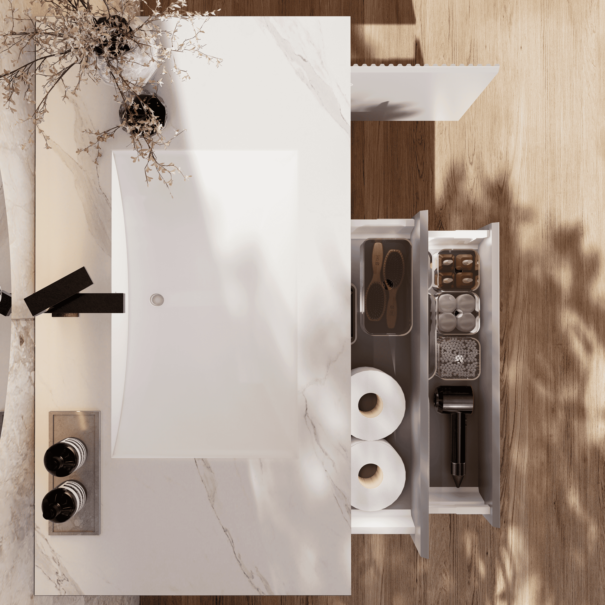 32", 40", 48" Light Grey Fluted Floating Vanity with Seamless Stone Sink - VanityWhite Carrara