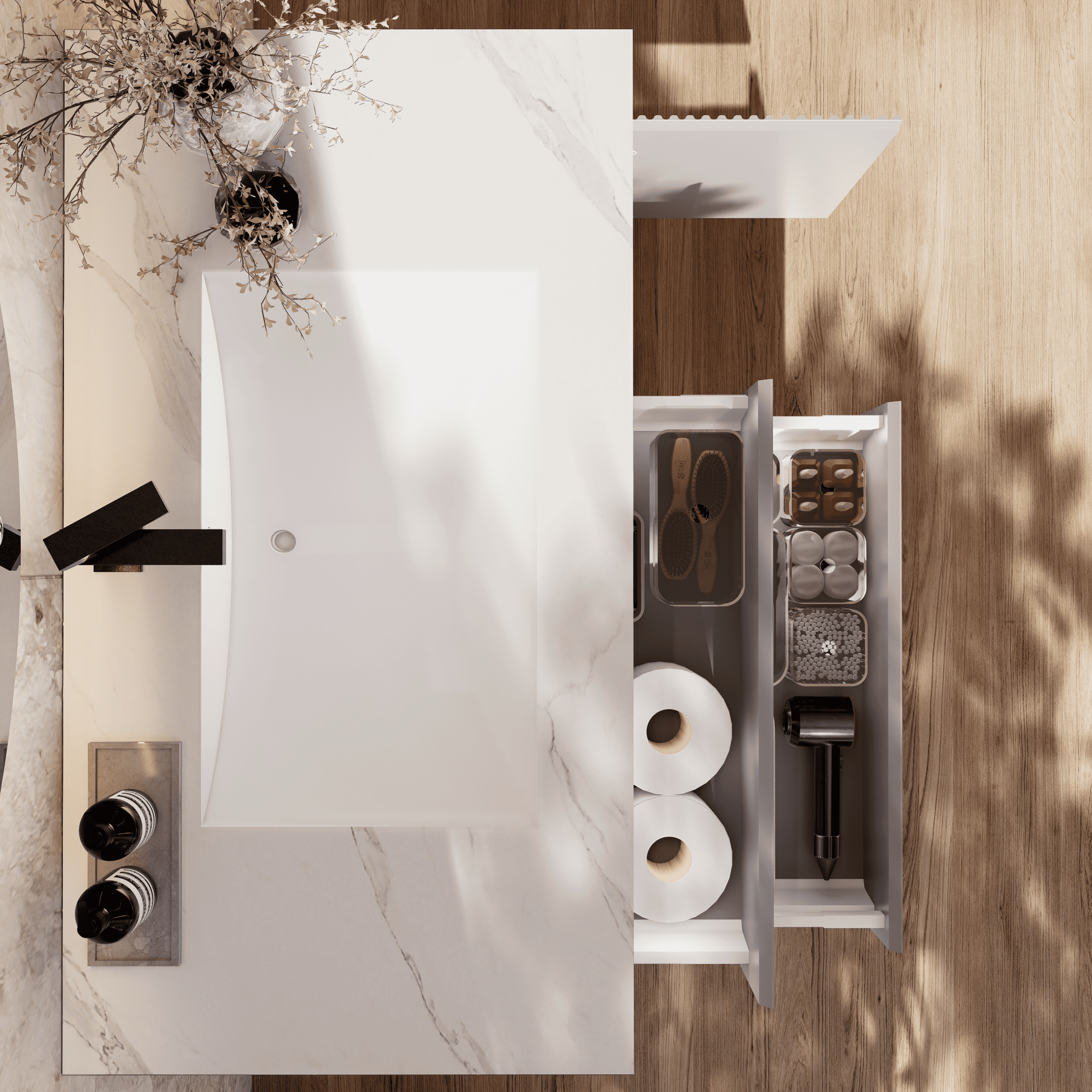 32", 40", 48" Light Grey Fluted Floating Vanity with Seamless Stone Sink - VanityWhite Carrara
