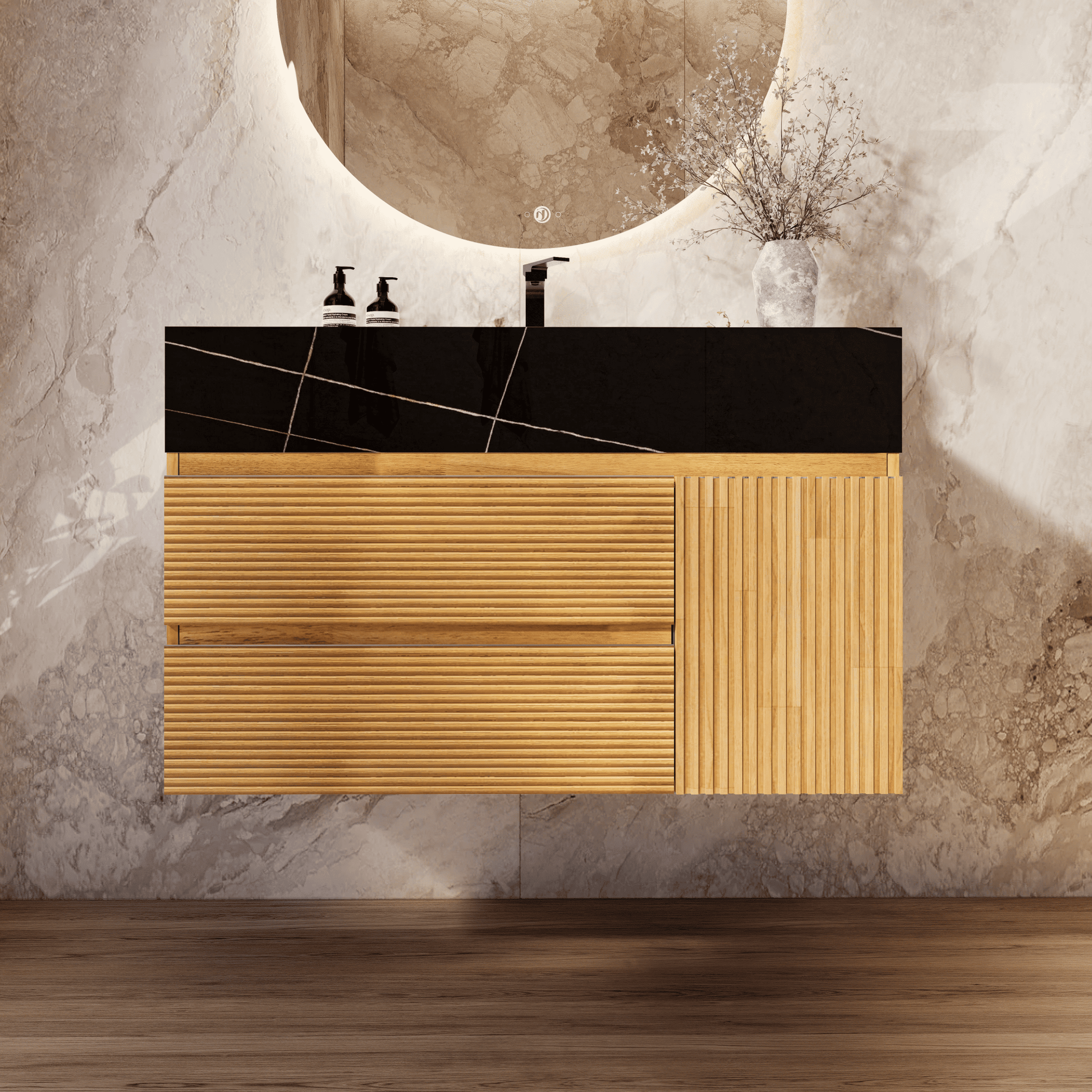 32", 40" Oak Fluted Floating Vanity with Seamless Stone Sink - VanityBlack Marquina Gold Veins