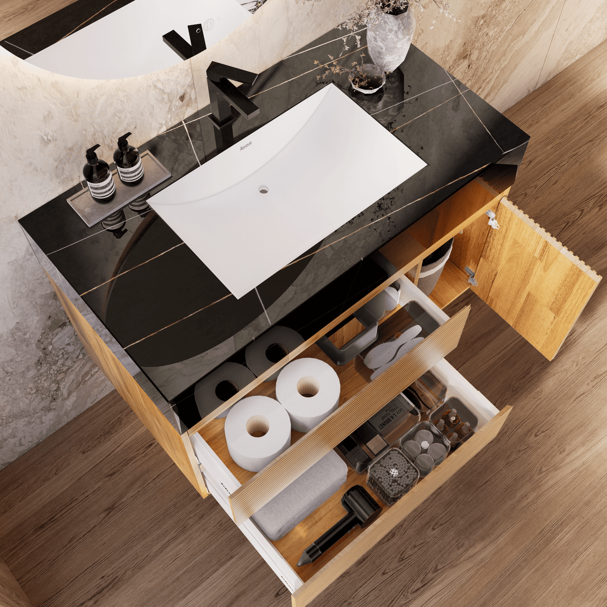 32", 40" Oak Fluted Floating Vanity with Seamless Stone Sink - VanityBlack Marquina Gold Veins