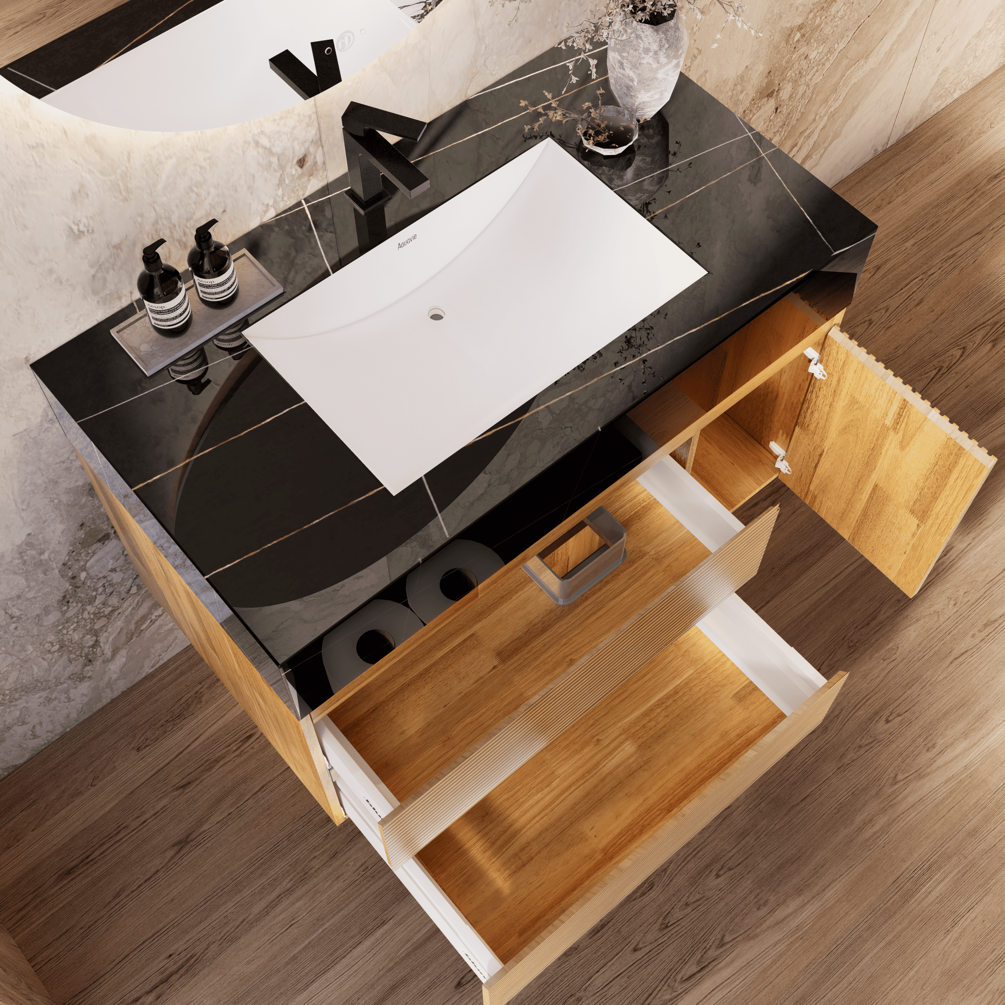 32", 40" Oak Fluted Floating Vanity with Seamless Stone Sink - VanityBlack Marquina Gold Veins