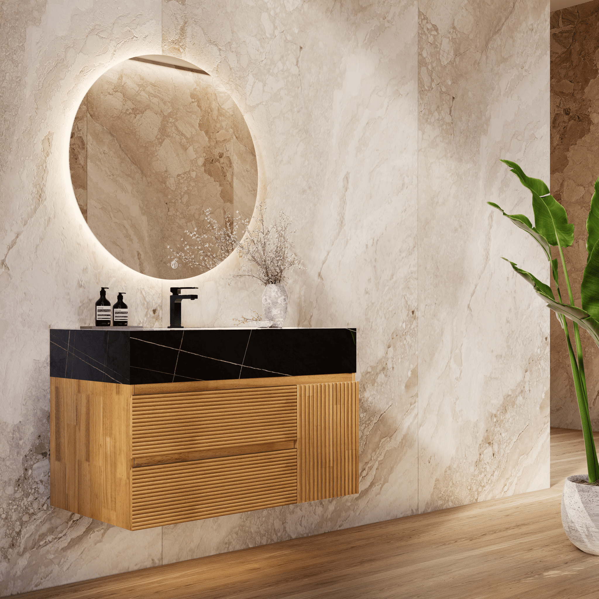 32", 40" Oak Fluted Floating Vanity with Seamless Stone Sink - VanityBlack Marquina Gold Veins