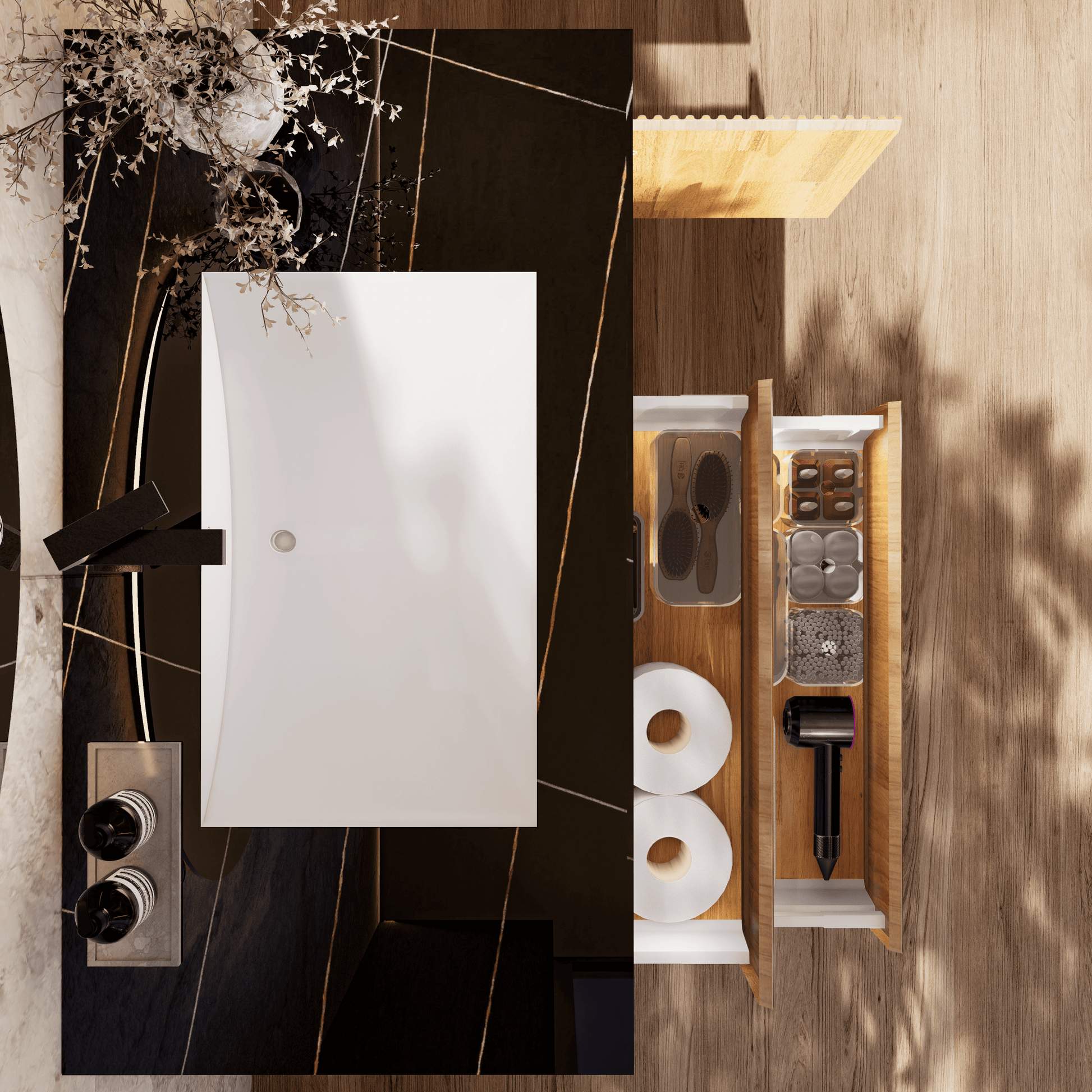 32", 40" Oak Fluted Floating Vanity with Seamless Stone Sink - VanityBlack Marquina Gold Veins