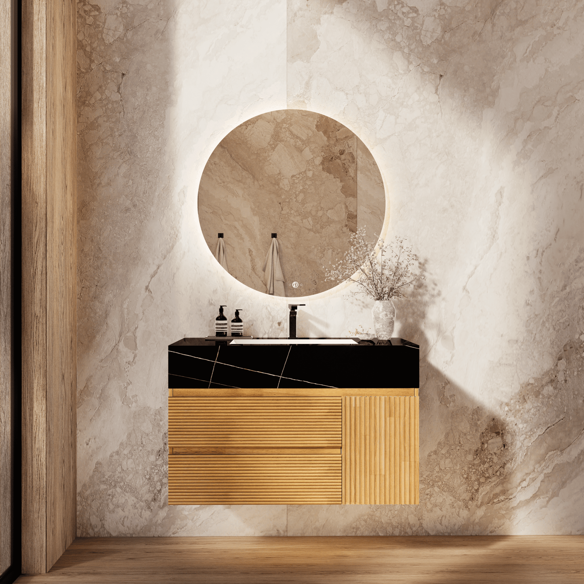 32", 40" Oak Fluted Floating Vanity with Seamless Stone Sink - VanityBlack Marquina Gold Veins