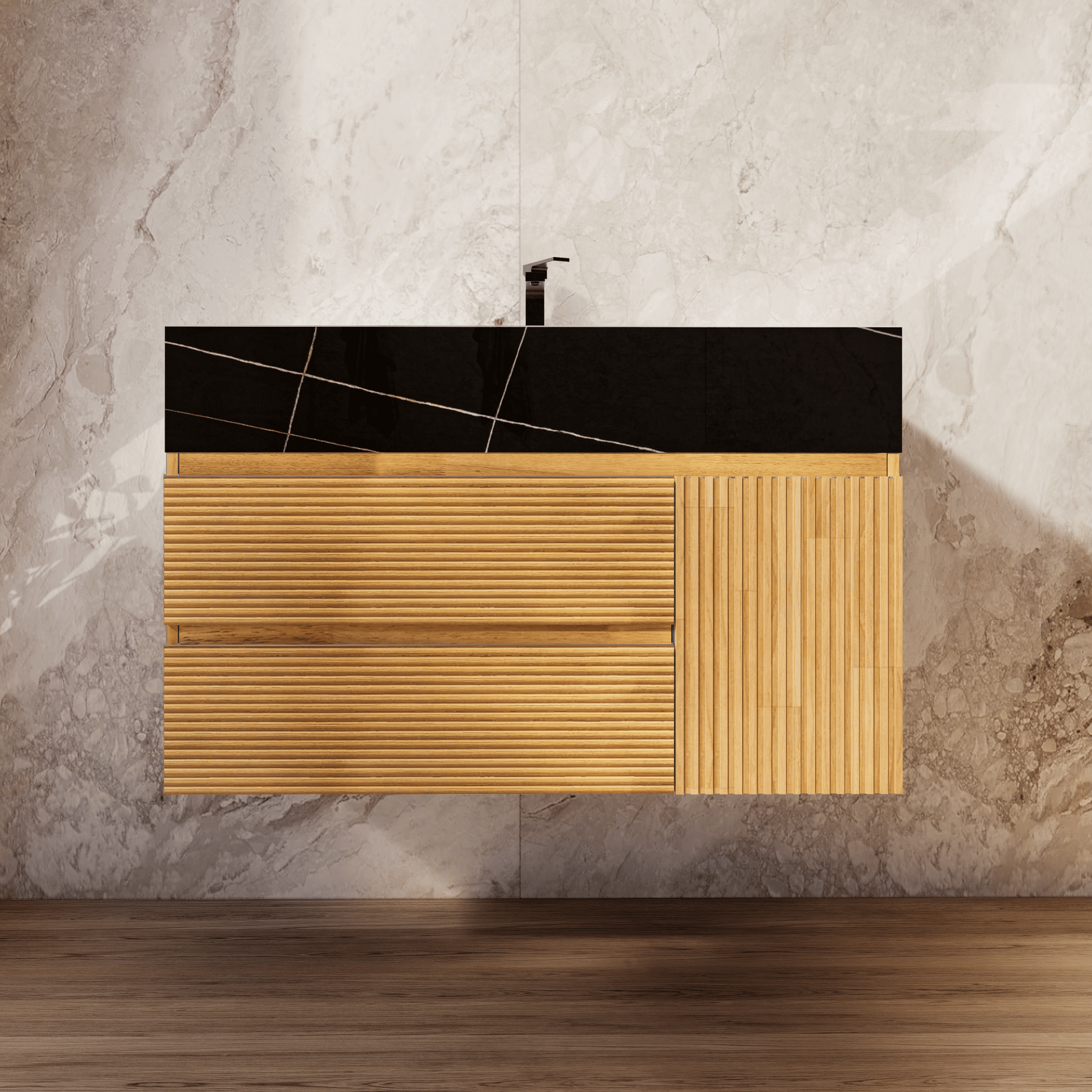 32", 40" Oak Fluted Floating Vanity with Seamless Stone Sink - VanityBlack Marquina Gold Veins