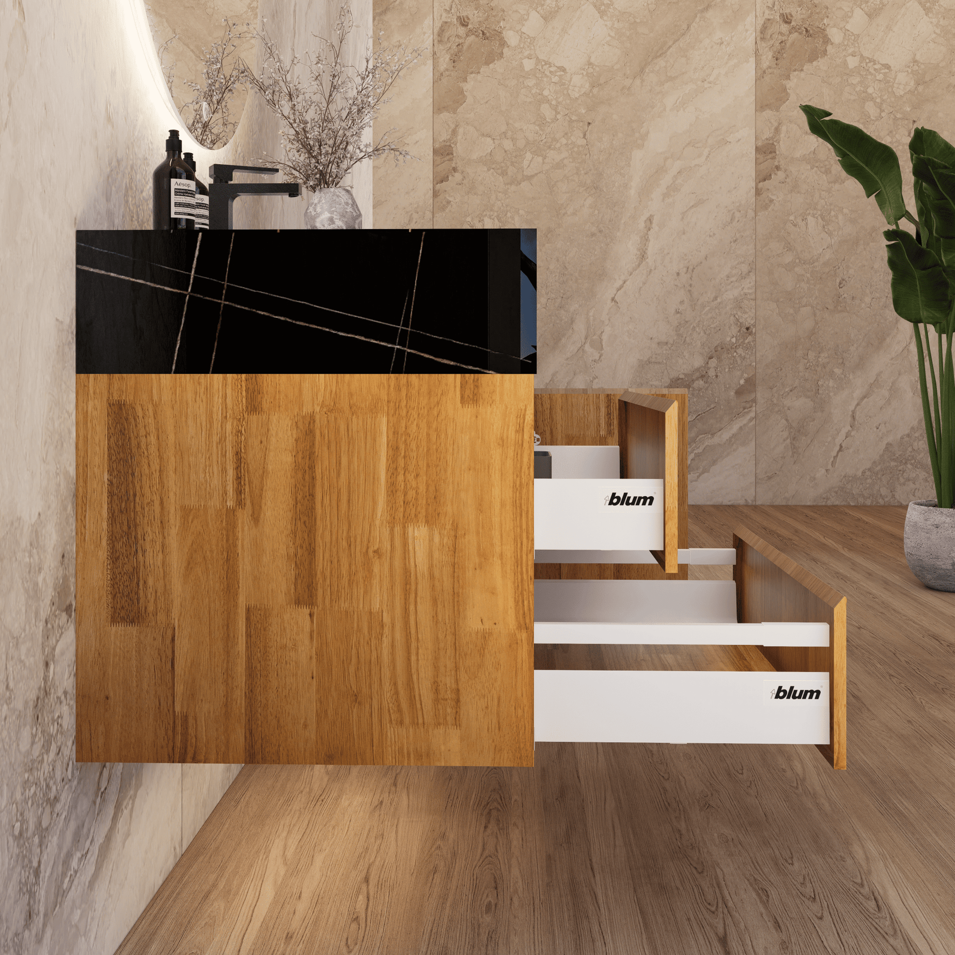 32", 40" Oak Fluted Floating Vanity with Seamless Stone Sink - VanityBlack Marquina Gold Veins