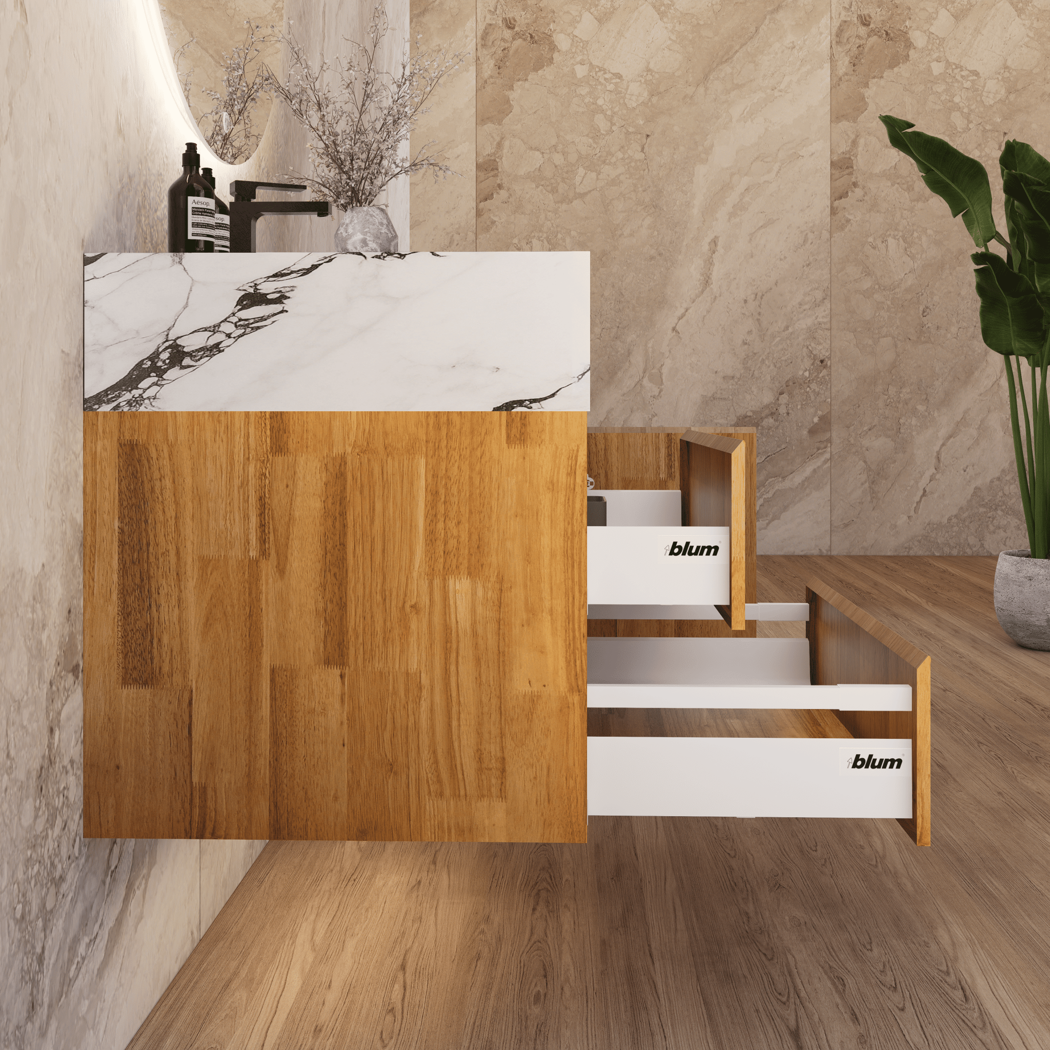 32", 40" Oak Fluted Floating Vanity with Seamless Stone Sink - VanityCalacatta Black